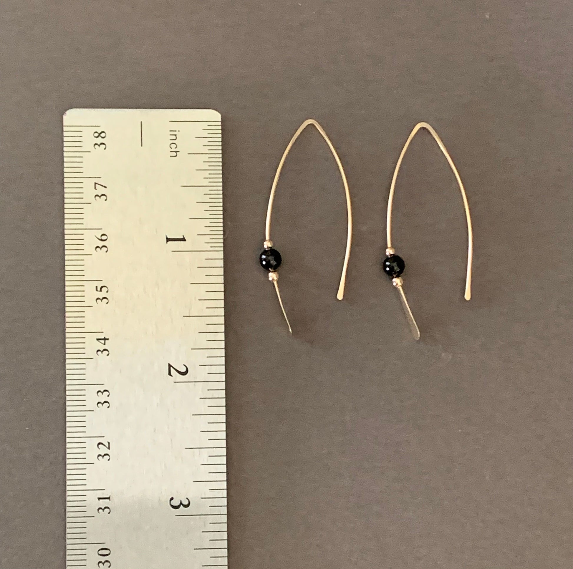 Gold Threader Earrings, 14k Gold Filled Wishbone Earrings, Black Glass Bead, Thin Open Hoops, Medium Hammered Hoop Earrings