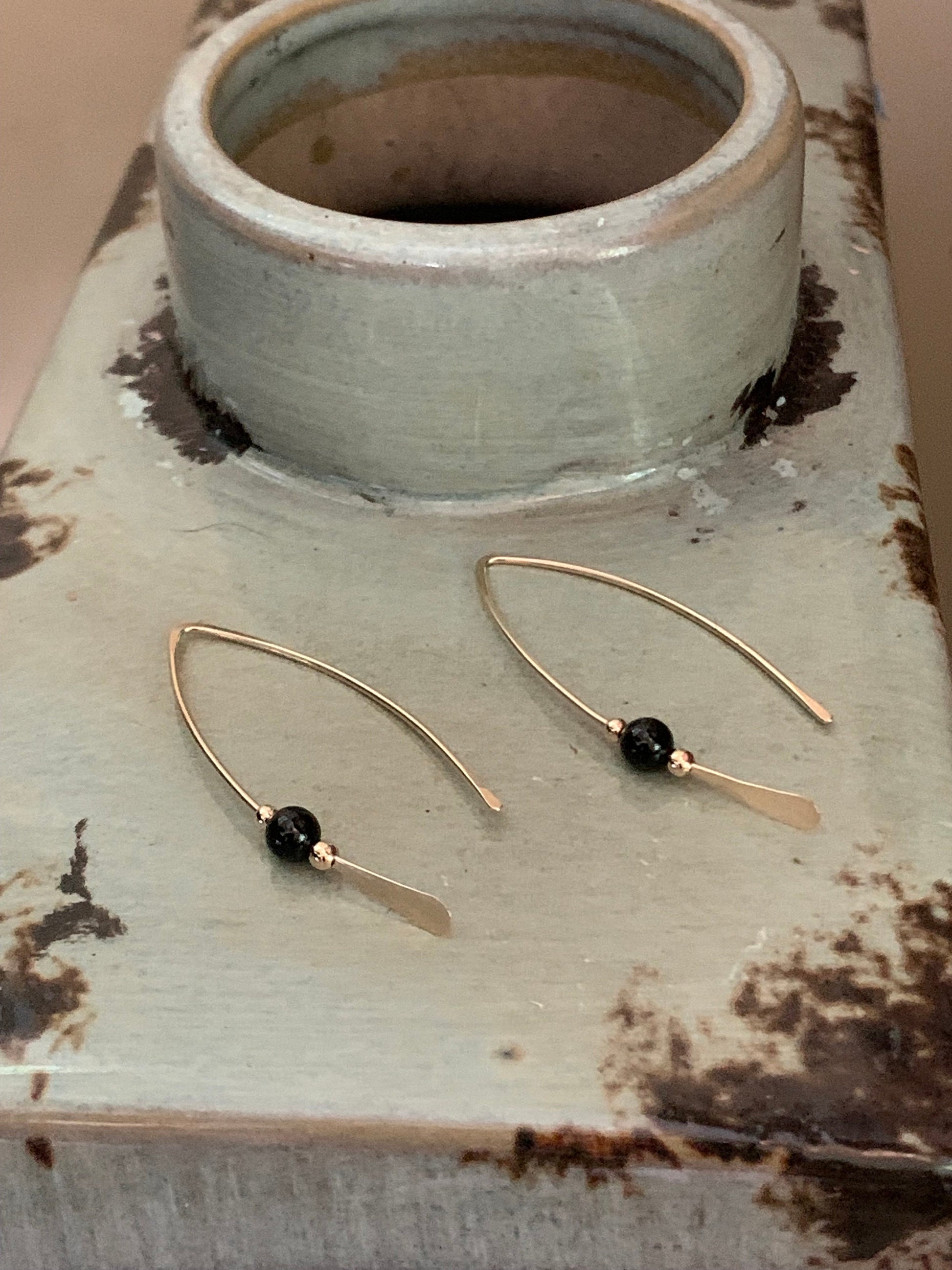 Gold Threader Earrings, 14k Gold Filled Wishbone Earrings, Black Glass Bead, Thin Open Hoops, Medium Hammered Hoop Earrings