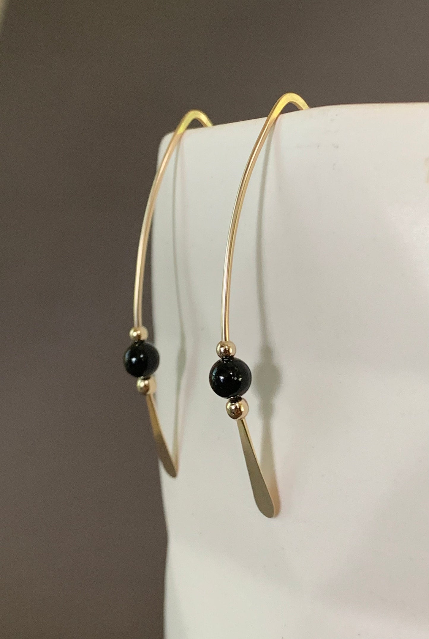 Gold Threader Earrings, 14k Gold Filled Wishbone Earrings, Black Glass Bead, Thin Open Hoops, Medium Hammered Hoop Earrings