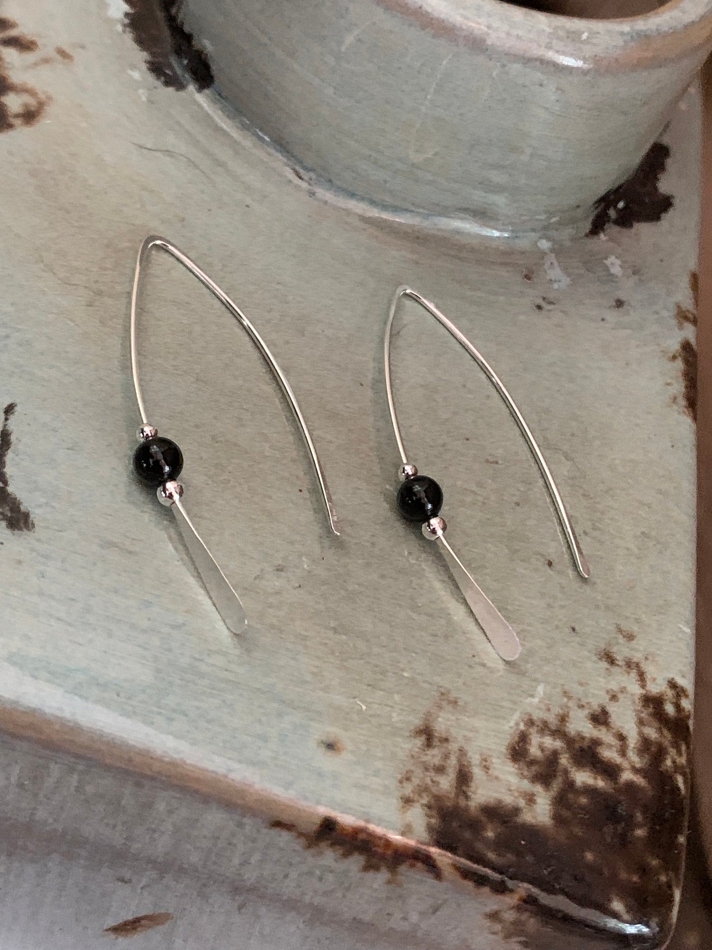 Threader Earrings, Sterling Wishbone Earrings, Black Glass Bead, Thin Open Hoops, Medium Hammered Hoop Earrings