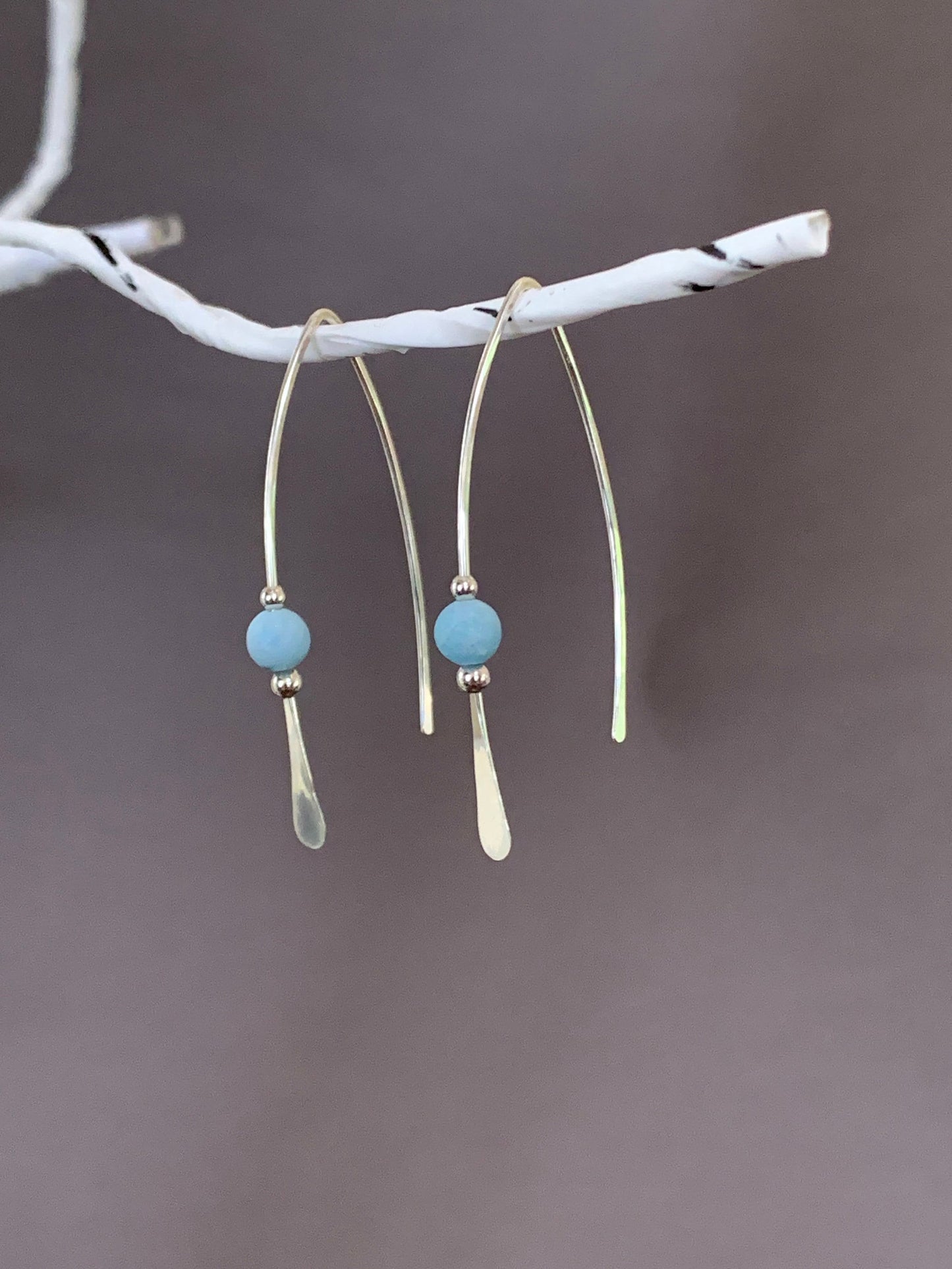 Larimar Stone Earrings, Silver Threader Earrings, Sterling Wishbone Earrings, Light Blue Bead, Thin Open Hoops, Hammered Hoop Earrings