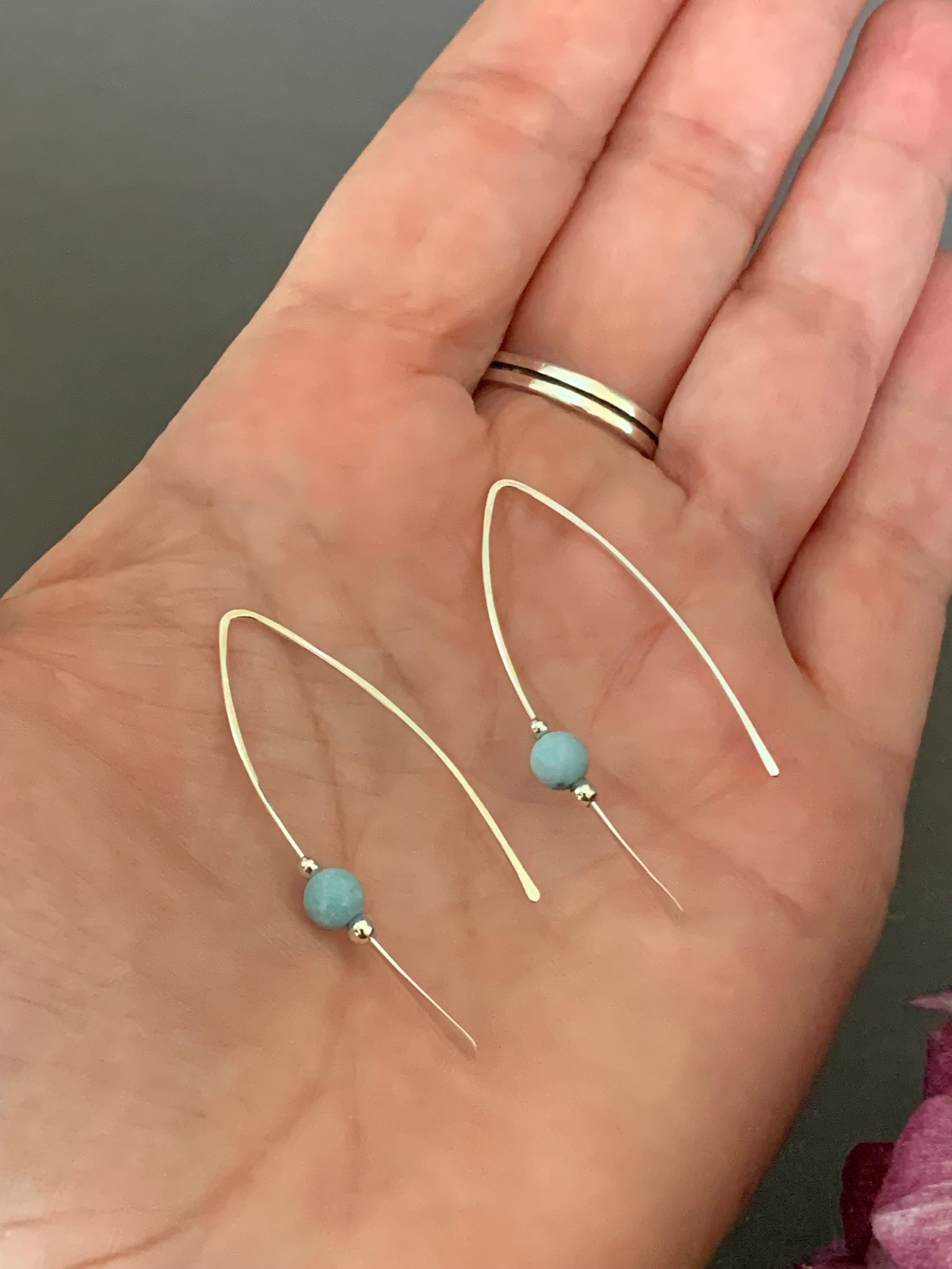 Larimar Stone Earrings, Silver Threader Earrings, Sterling Wishbone Earrings, Light Blue Bead, Thin Open Hoops, Hammered Hoop Earrings