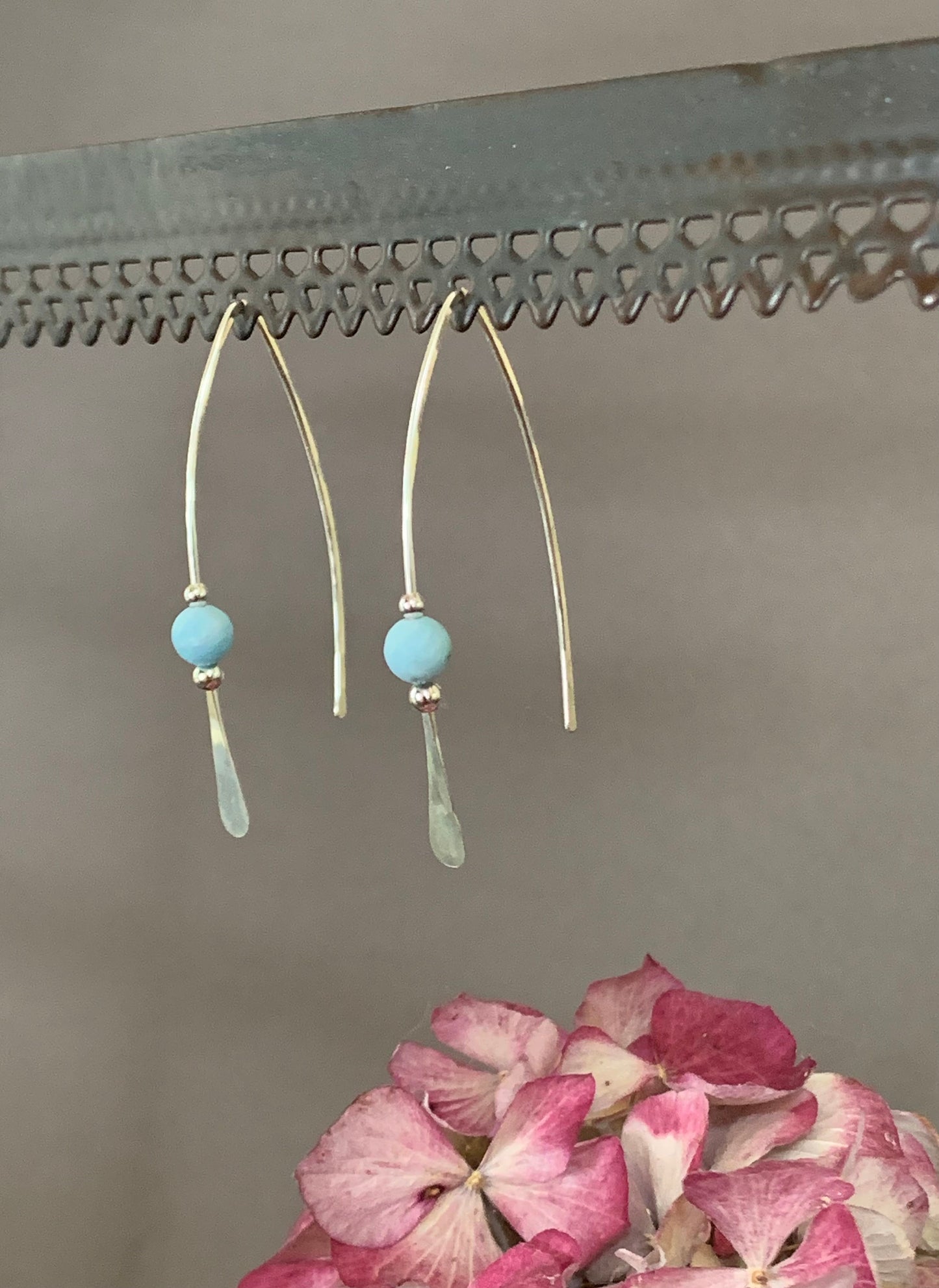 Larimar Stone Earrings, Silver Threader Earrings, Sterling Wishbone Earrings, Light Blue Bead, Thin Open Hoops, Hammered Hoop Earrings