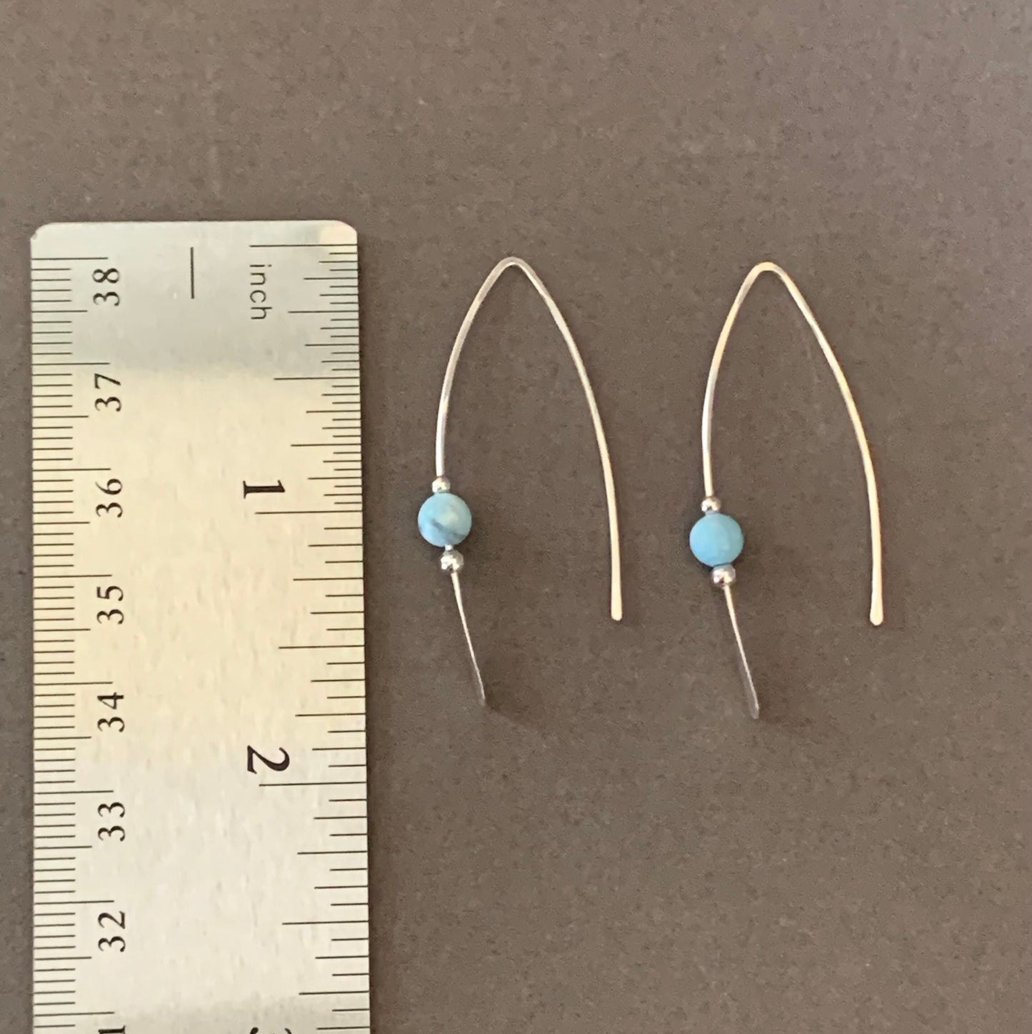 Larimar Stone Earrings, Silver Threader Earrings, Sterling Wishbone Earrings, Light Blue Bead, Thin Open Hoops, Hammered Hoop Earrings