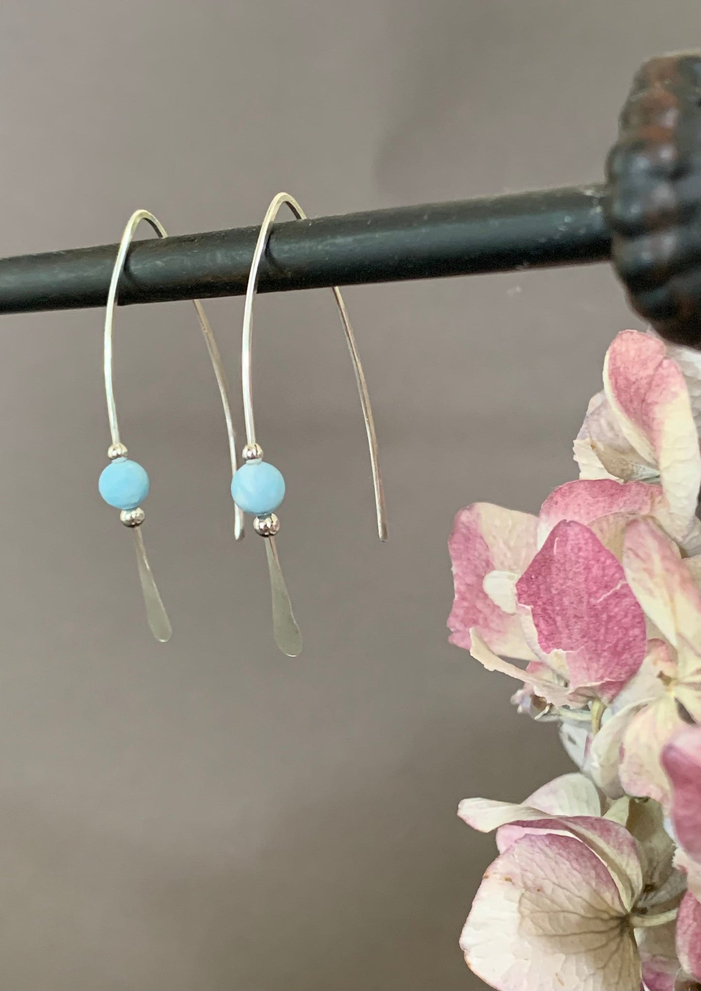 Larimar Stone Earrings, Silver Threader Earrings, Sterling Wishbone Earrings, Light Blue Bead, Thin Open Hoops, Hammered Hoop Earrings