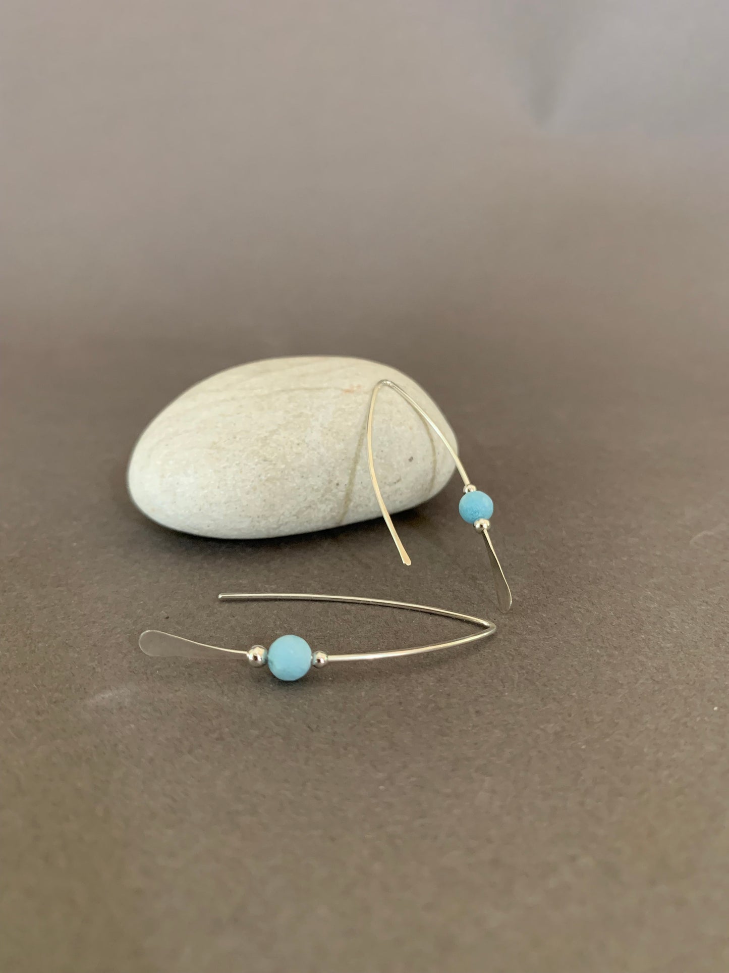 Larimar Stone Earrings, Silver Threader Earrings, Sterling Wishbone Earrings, Light Blue Bead, Thin Open Hoops, Hammered Hoop Earrings