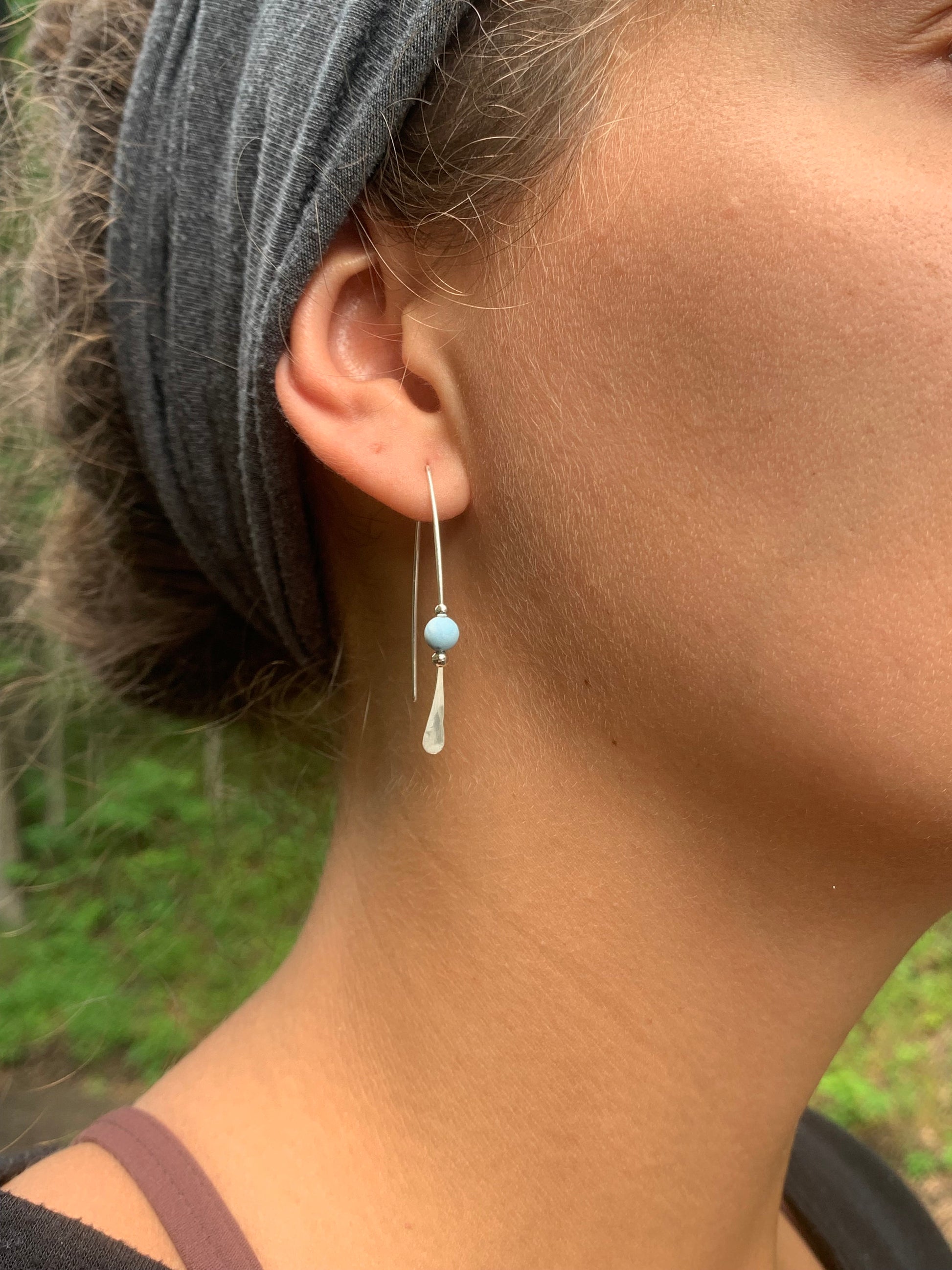 Larimar Stone Earrings, Silver Threader Earrings, Sterling Wishbone Earrings, Light Blue Bead, Thin Open Hoops, Hammered Hoop Earrings