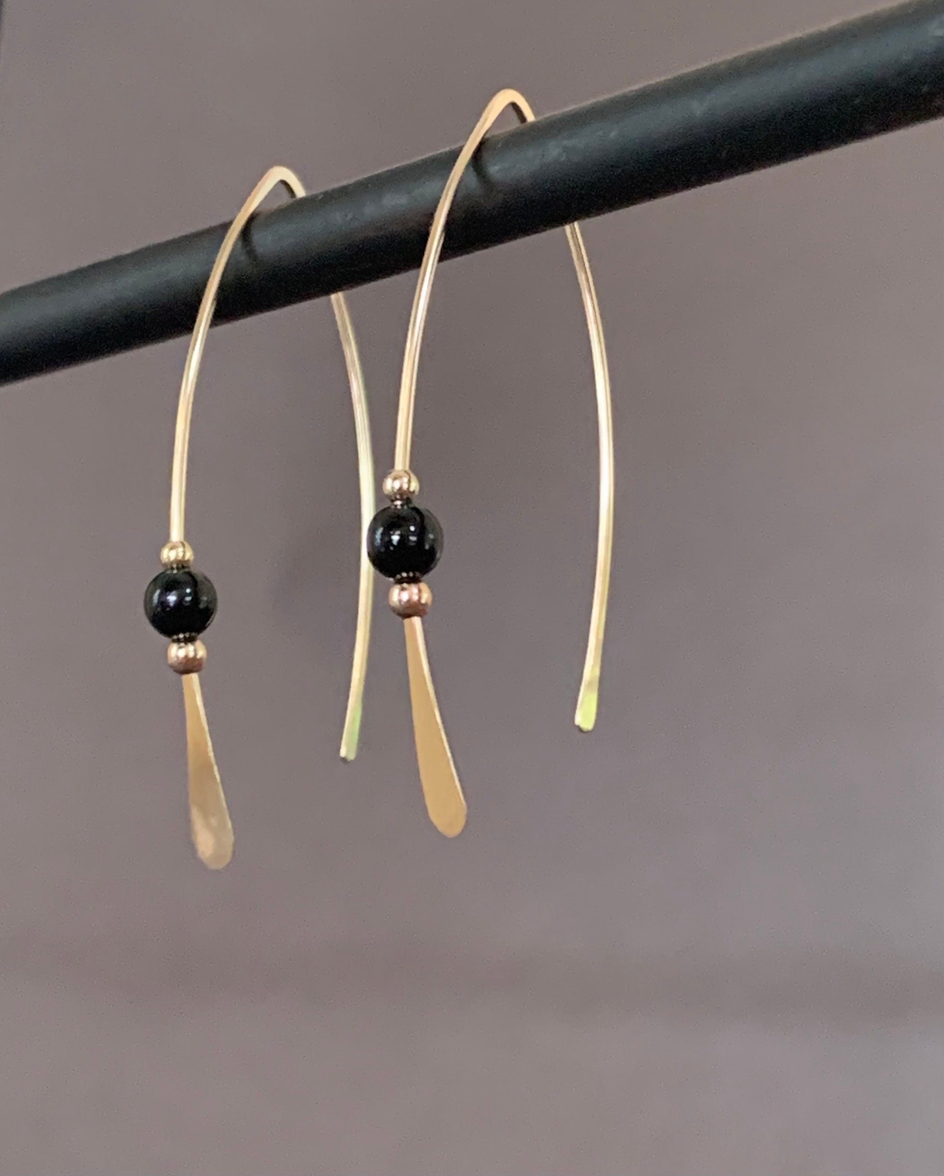 Gold Threader Earrings, 14k Gold Filled Wishbone Earrings, Black Glass Bead, Thin Open Hoops, Medium Hammered Hoop Earrings