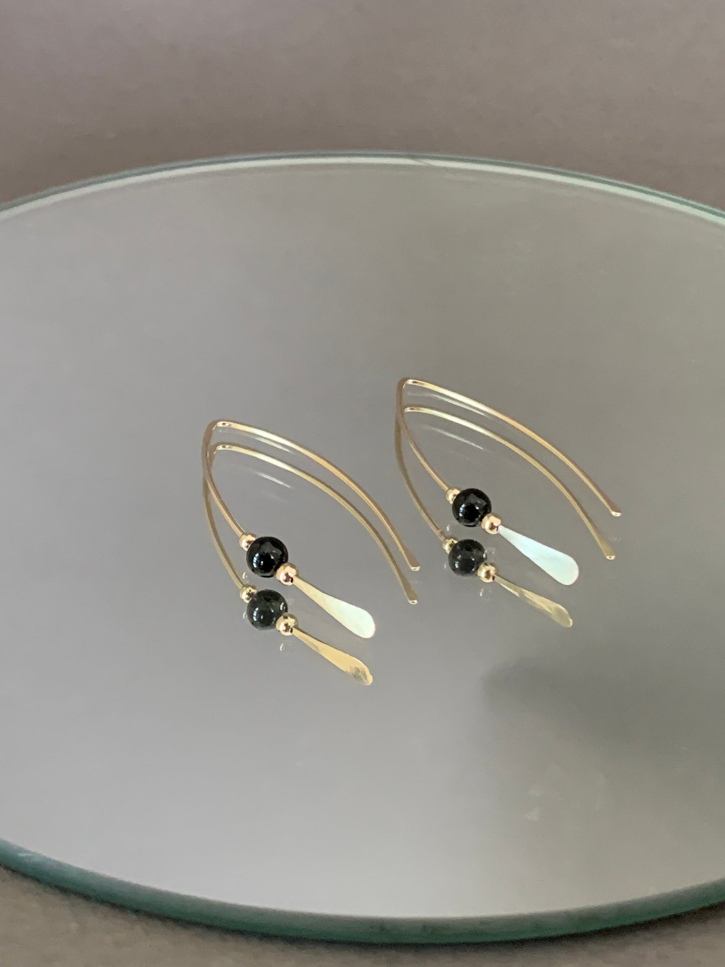 Gold Threader Earrings, 14k Gold Filled Wishbone Earrings, Black Glass Bead, Thin Open Hoops, Medium Hammered Hoop Earrings