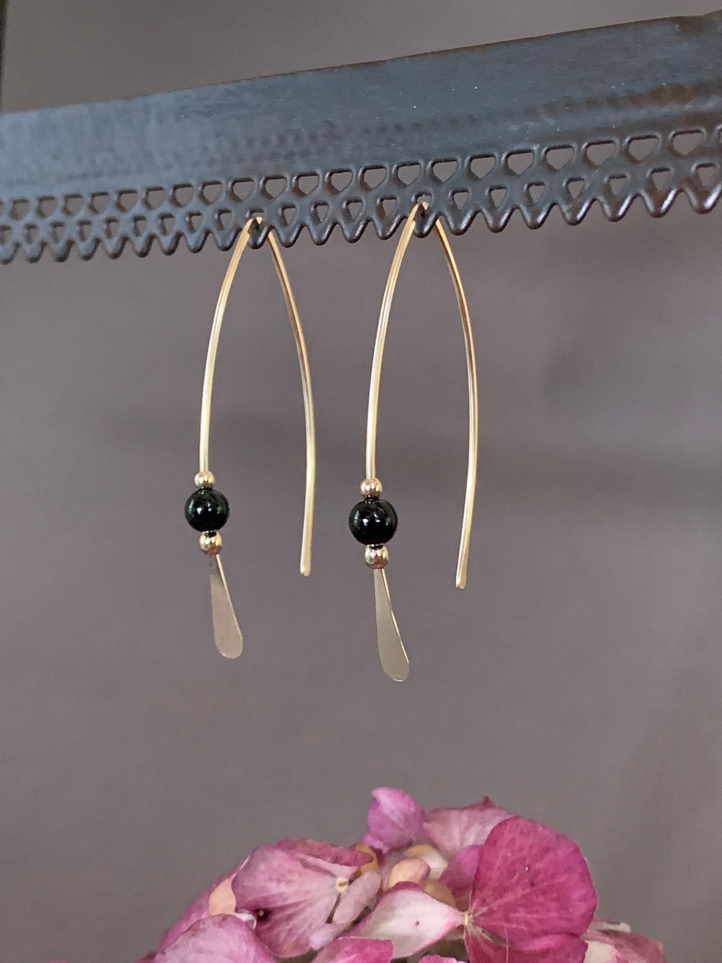 Gold Threader Earrings, 14k Gold Filled Wishbone Earrings, Black Glass Bead, Thin Open Hoops, Medium Hammered Hoop Earrings