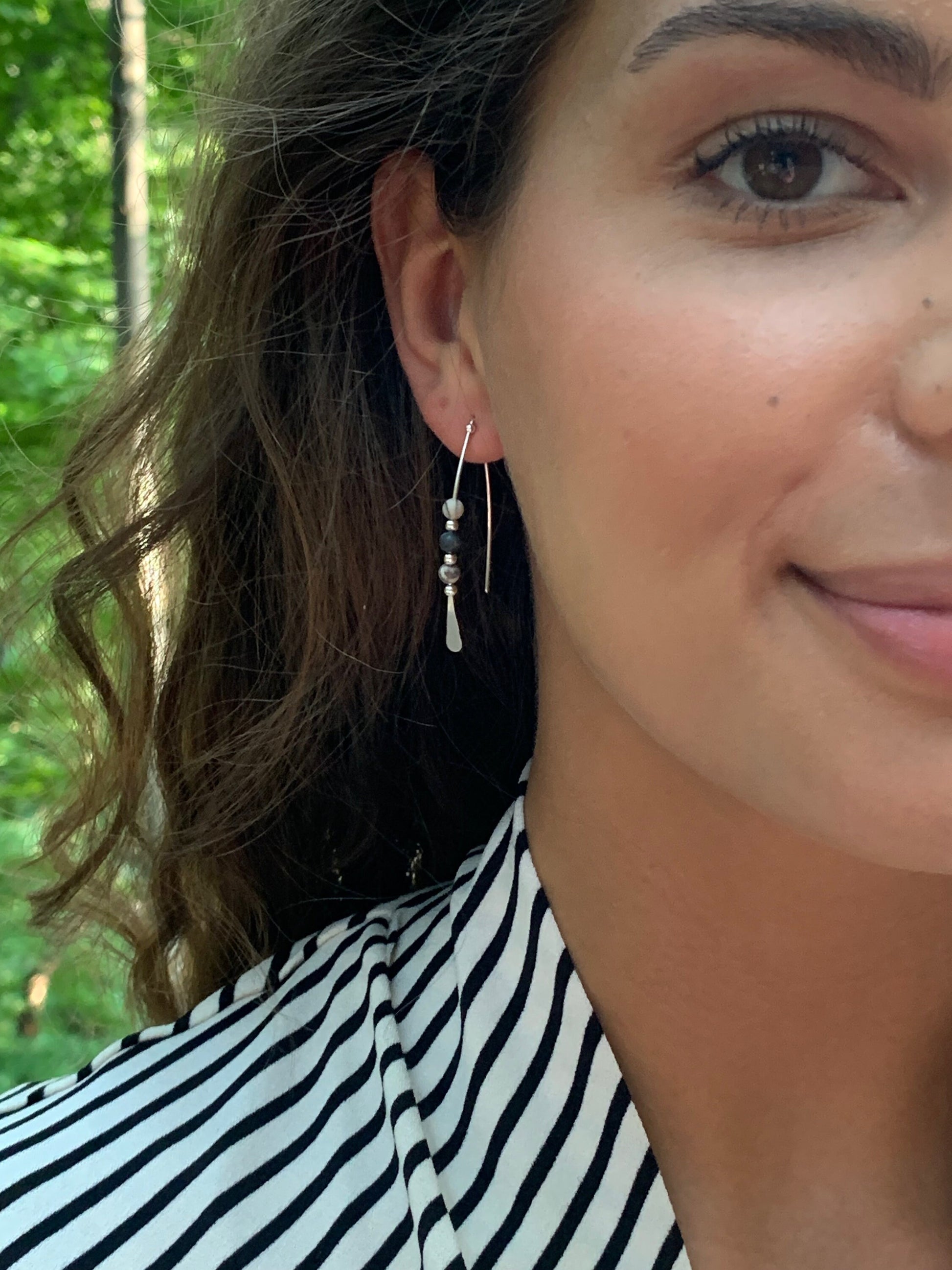 Sterling Silver Threader Earrings: Jasper Gemstones, Earthy Elegance in Shades of Cream and Terra Cotta, Thin Open Silver Hoops