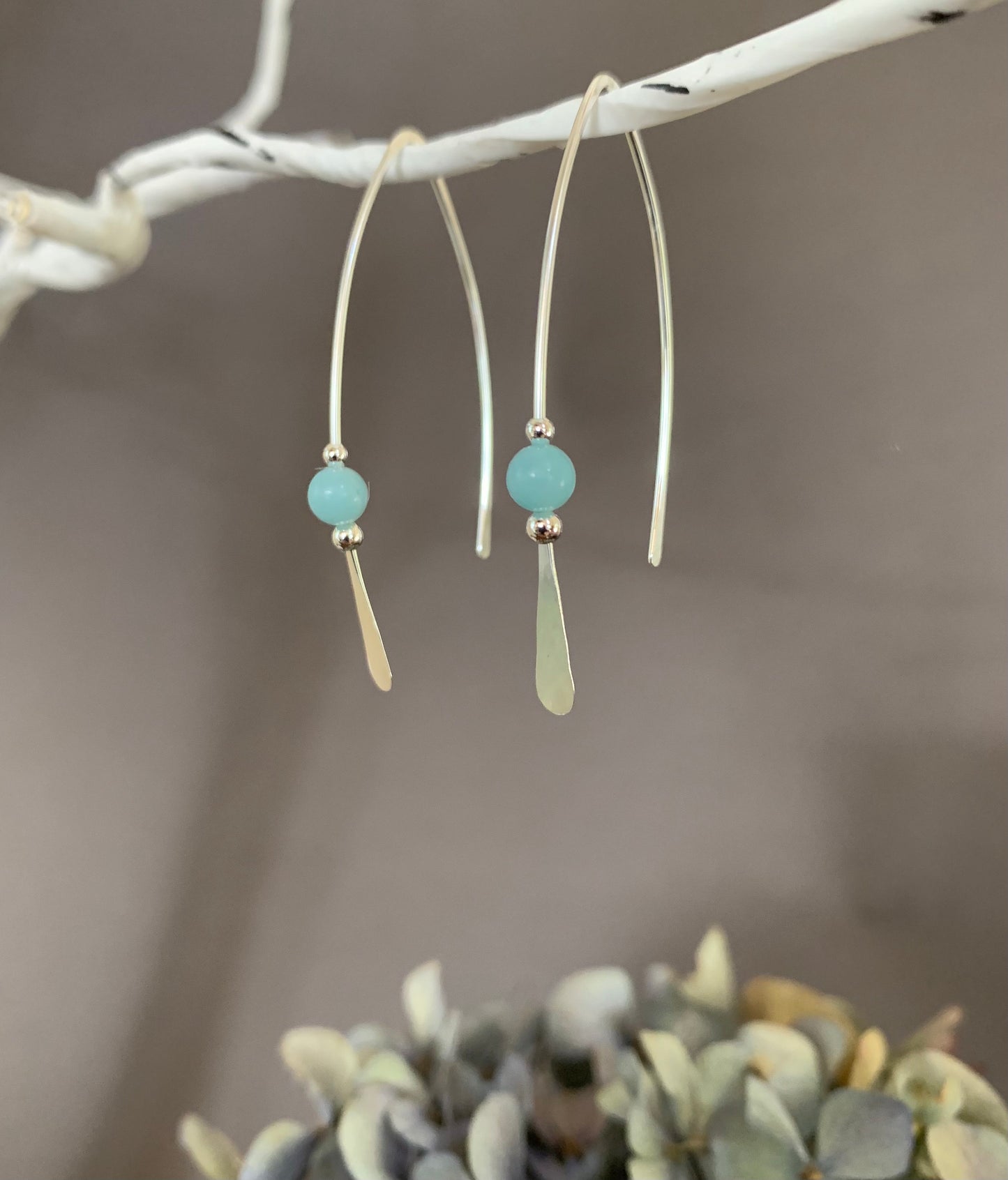 Silver Threader Earrings, Sterling Wishbone Earrings, Light Green Blue Bead, Amazonite Stone, Thin Open Hoops, Medium Hammered Hoop Earrings