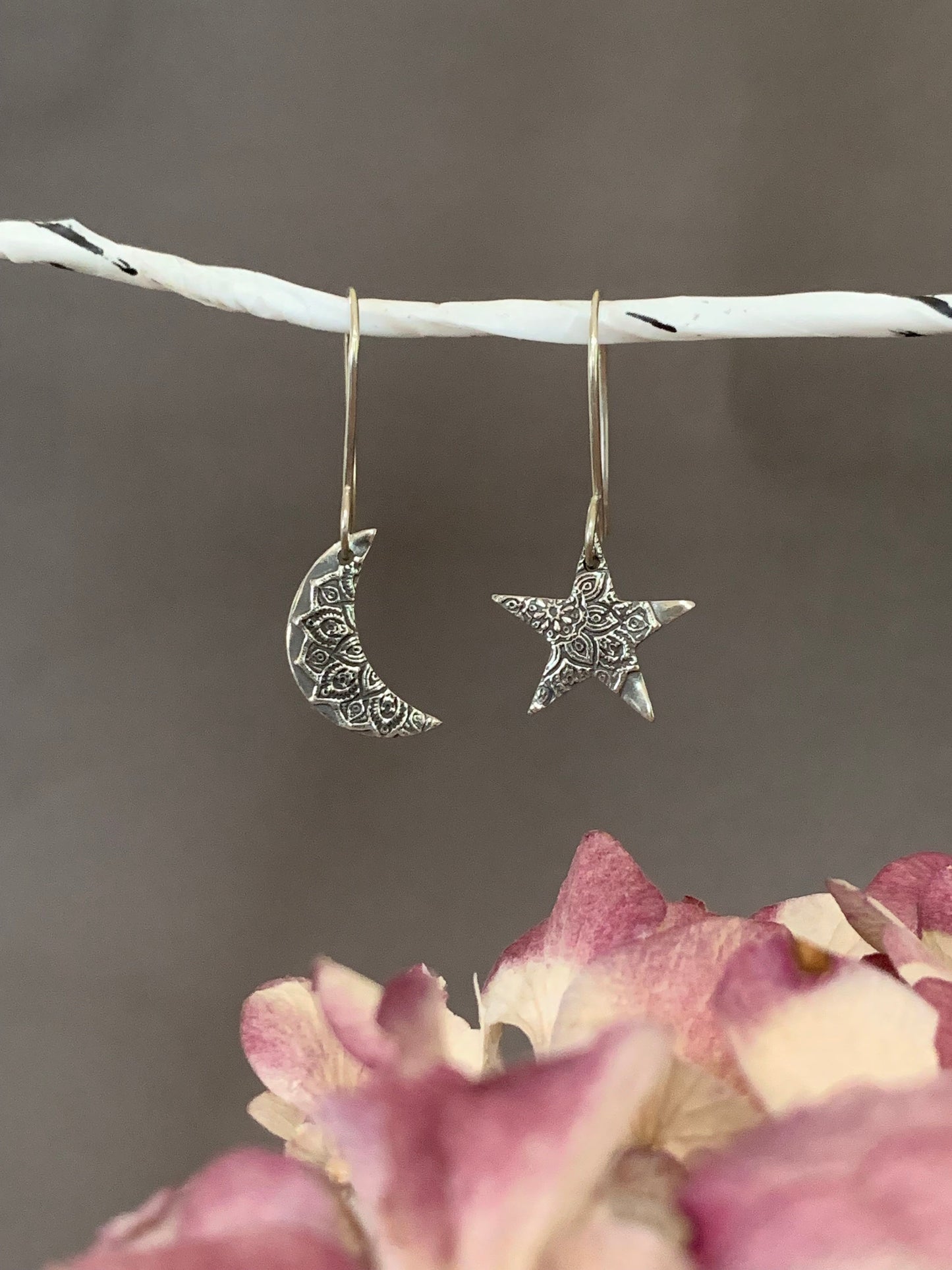 Small Moon and Star Earrings, Celestial Jewelry, Mandala Sterling Silver Moon Earrings, Boho Style