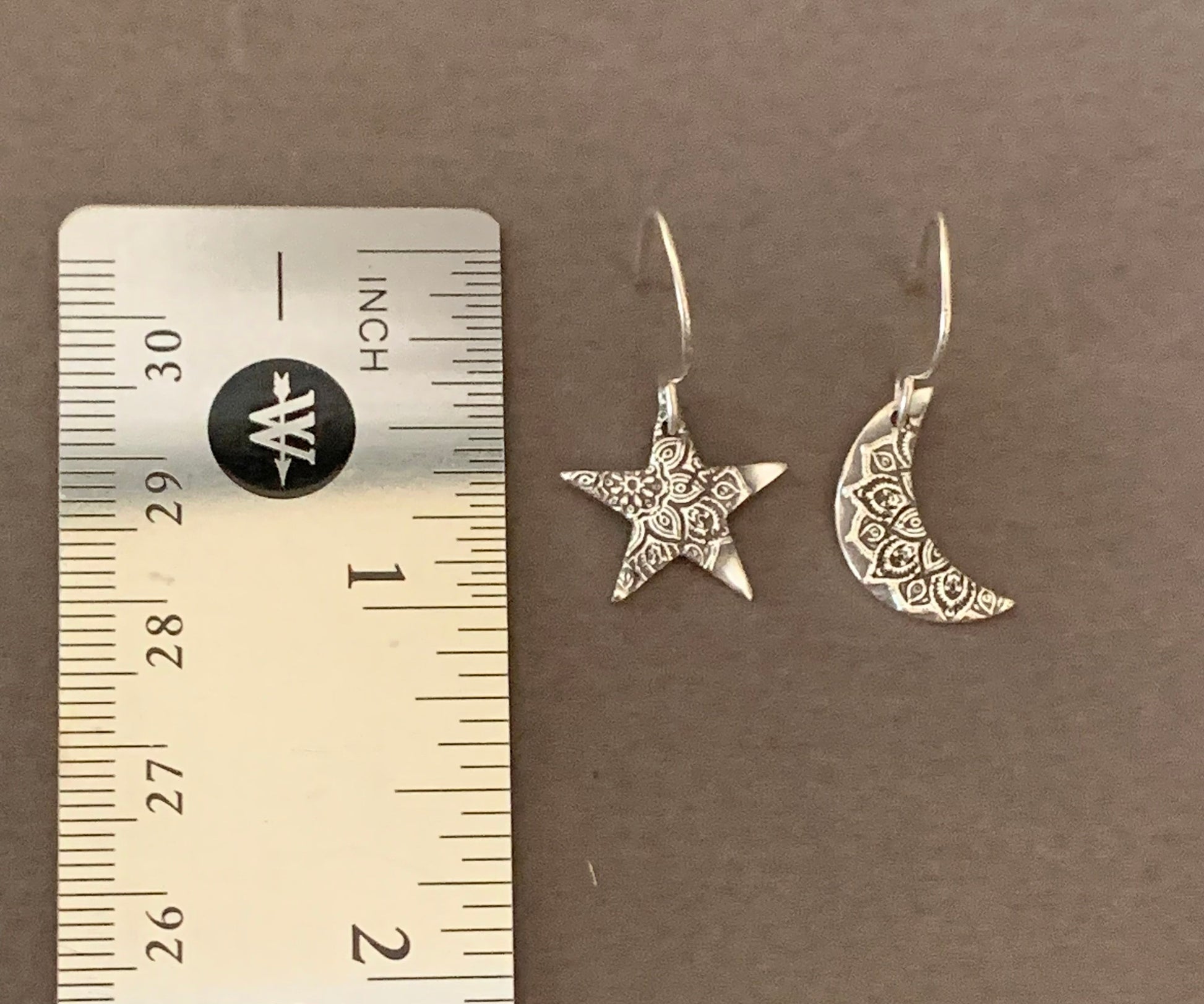 Small Moon and Star Earrings, Celestial Jewelry, Mandala Sterling Silver Moon Earrings, Boho Style