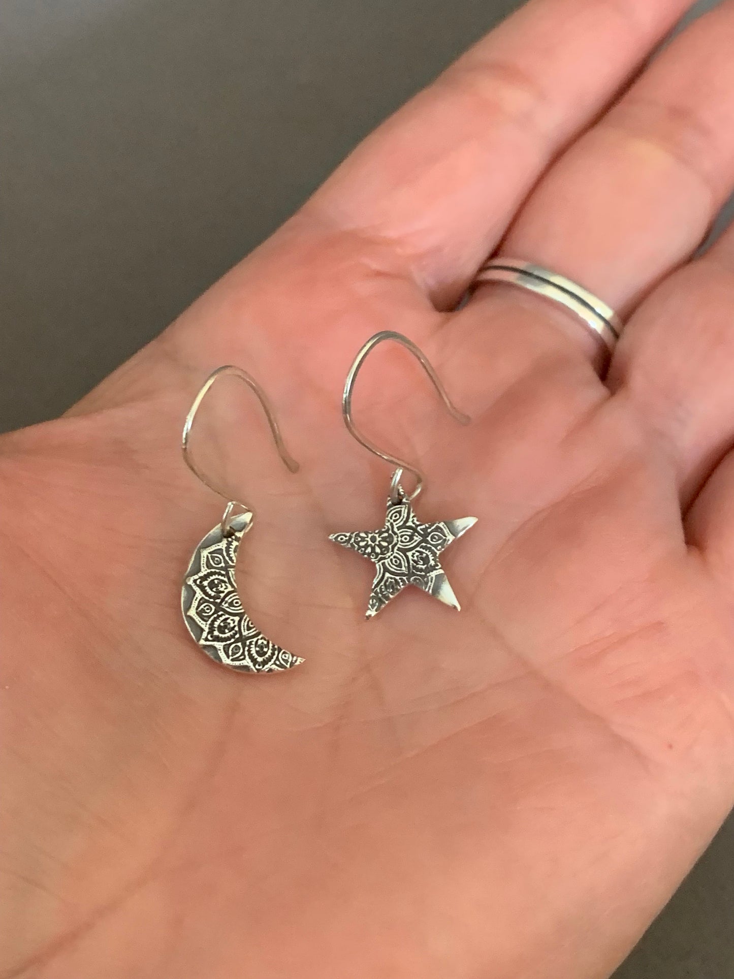 Small Moon and Star Earrings, Celestial Jewelry, Mandala Sterling Silver Moon Earrings, Boho Style