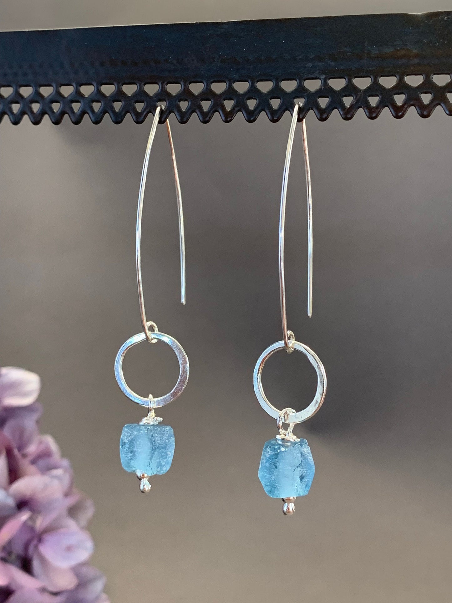 Elegant Sterling Silver Threader Earrings with Silver Hoops and Ocean Blue Glass Beads, Long Dangle Earrings