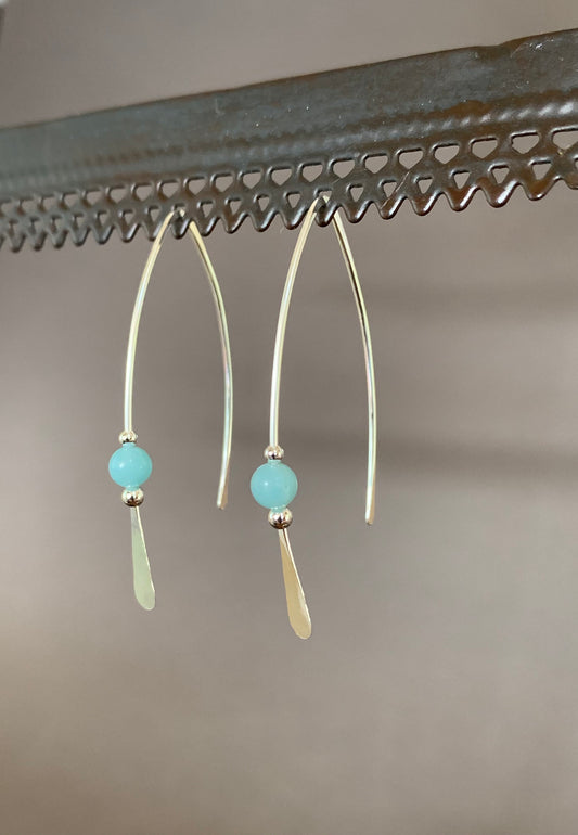 Silver Threader Earrings, Sterling Wishbone Earrings, Light Green Blue Bead, Amazonite Stone, Thin Open Hoops, Medium Hammered Hoop Earrings