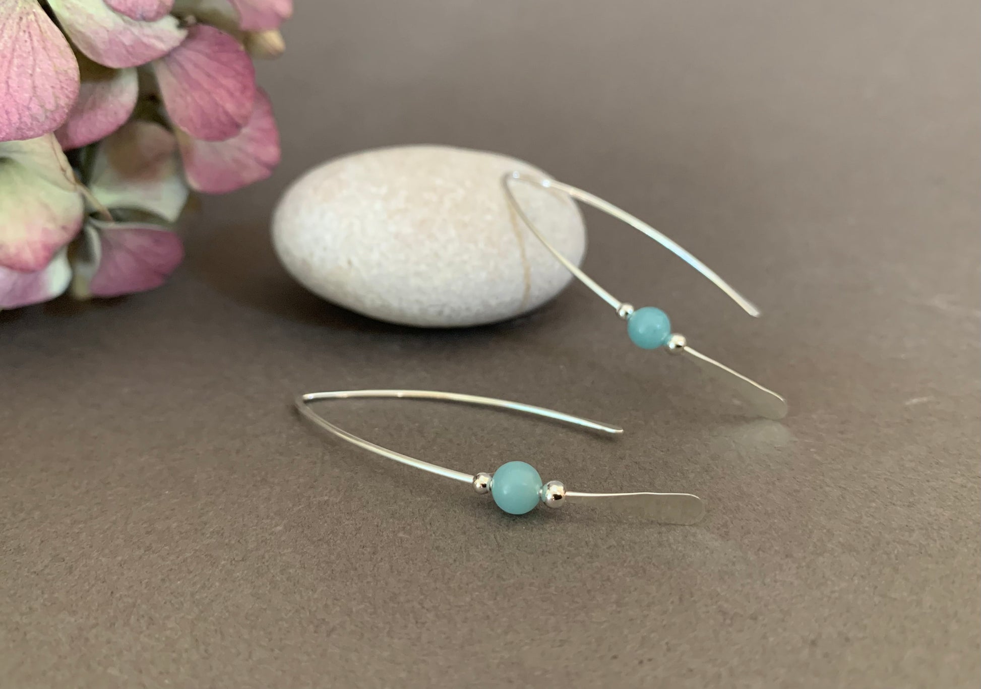 Silver Threader Earrings, Sterling Wishbone Earrings, Light Green Blue Bead, Amazonite Stone, Thin Open Hoops, Medium Hammered Hoop Earrings