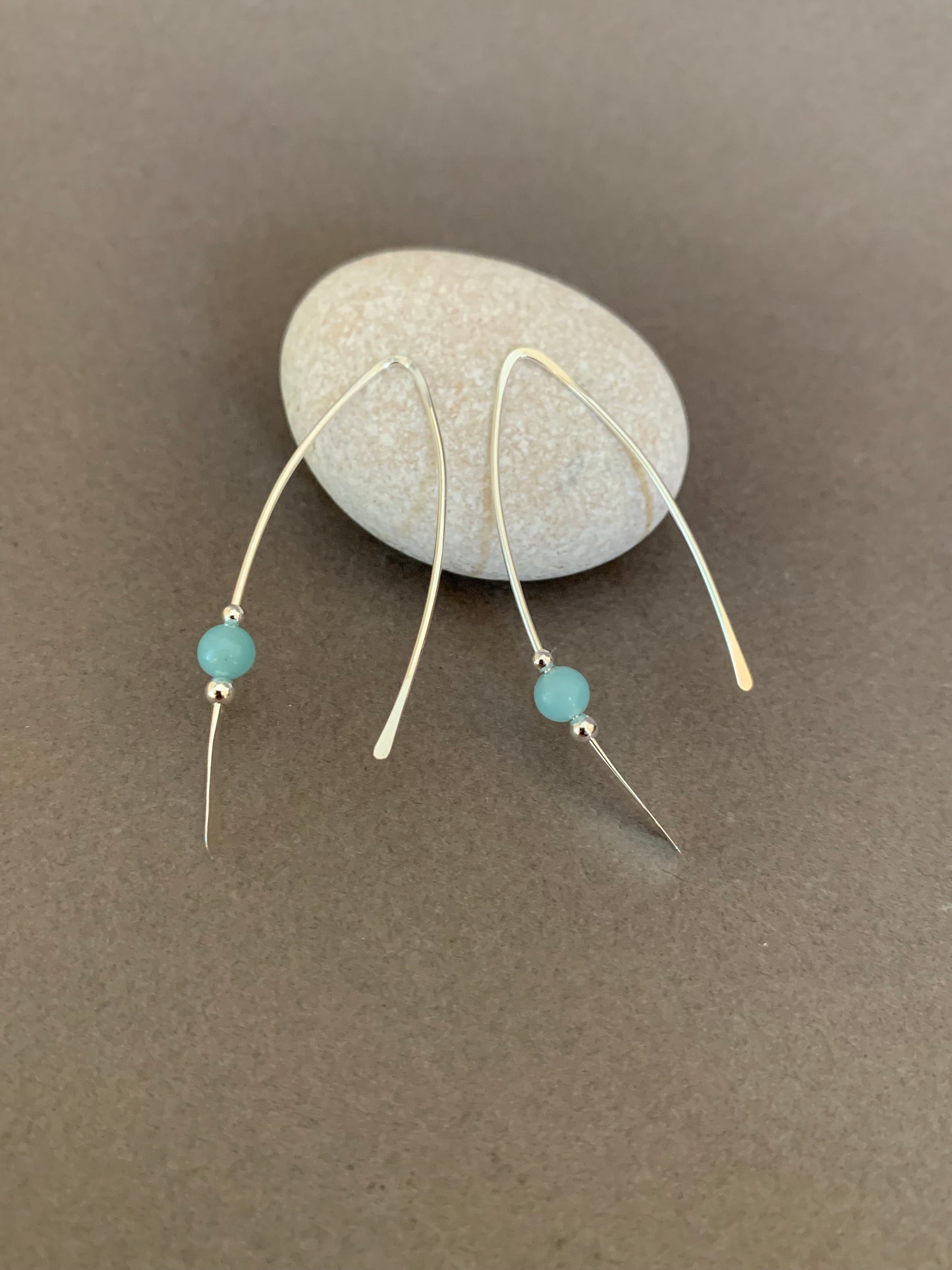 Silver Threader Earrings, Sterling Wishbone Earrings, Light Green Blue Bead, Amazonite Stone, Thin Open Hoops, Medium Hammered Hoop Earrings