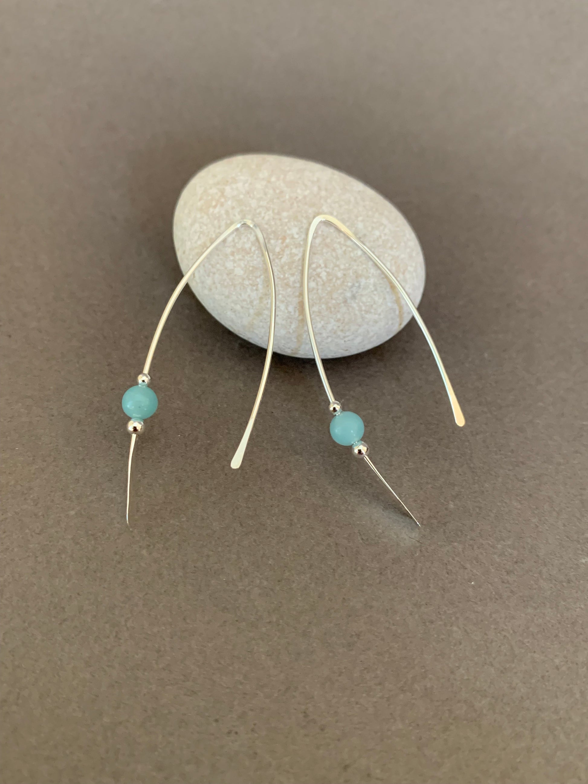 Silver Threader Earrings, Sterling Wishbone Earrings, Light Green Blue Bead, Amazonite Stone, Thin Open Hoops, Medium Hammered Hoop Earrings