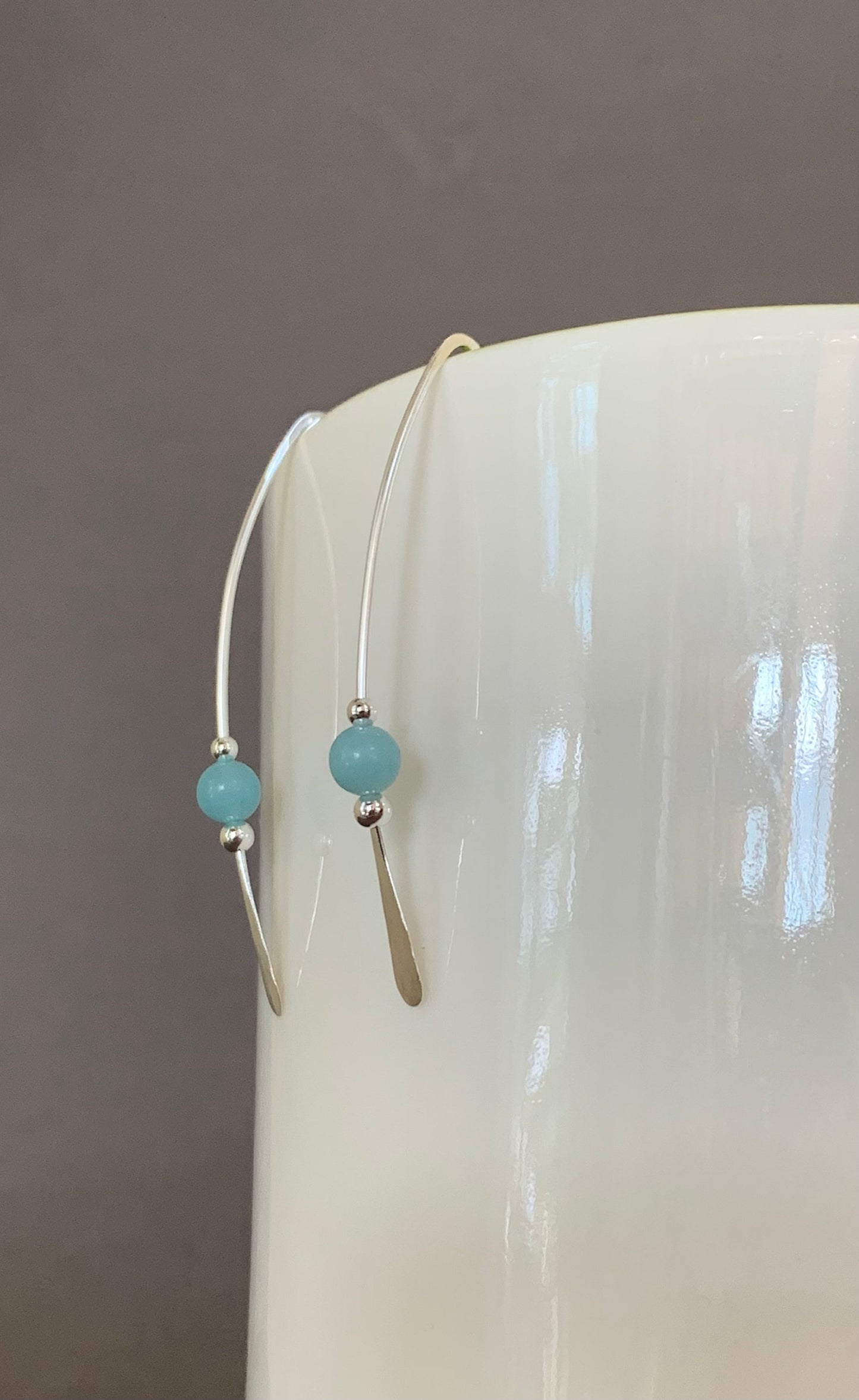 Silver Threader Earrings, Sterling Wishbone Earrings, Light Green Blue Bead, Amazonite Stone, Thin Open Hoops, Medium Hammered Hoop Earrings