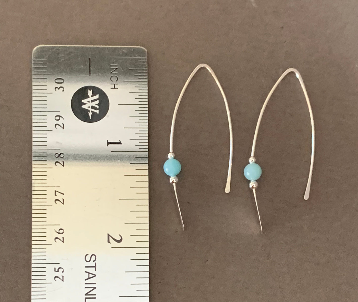 Silver Threader Earrings, Sterling Wishbone Earrings, Light Green Blue Bead, Amazonite Stone, Thin Open Hoops, Medium Hammered Hoop Earrings