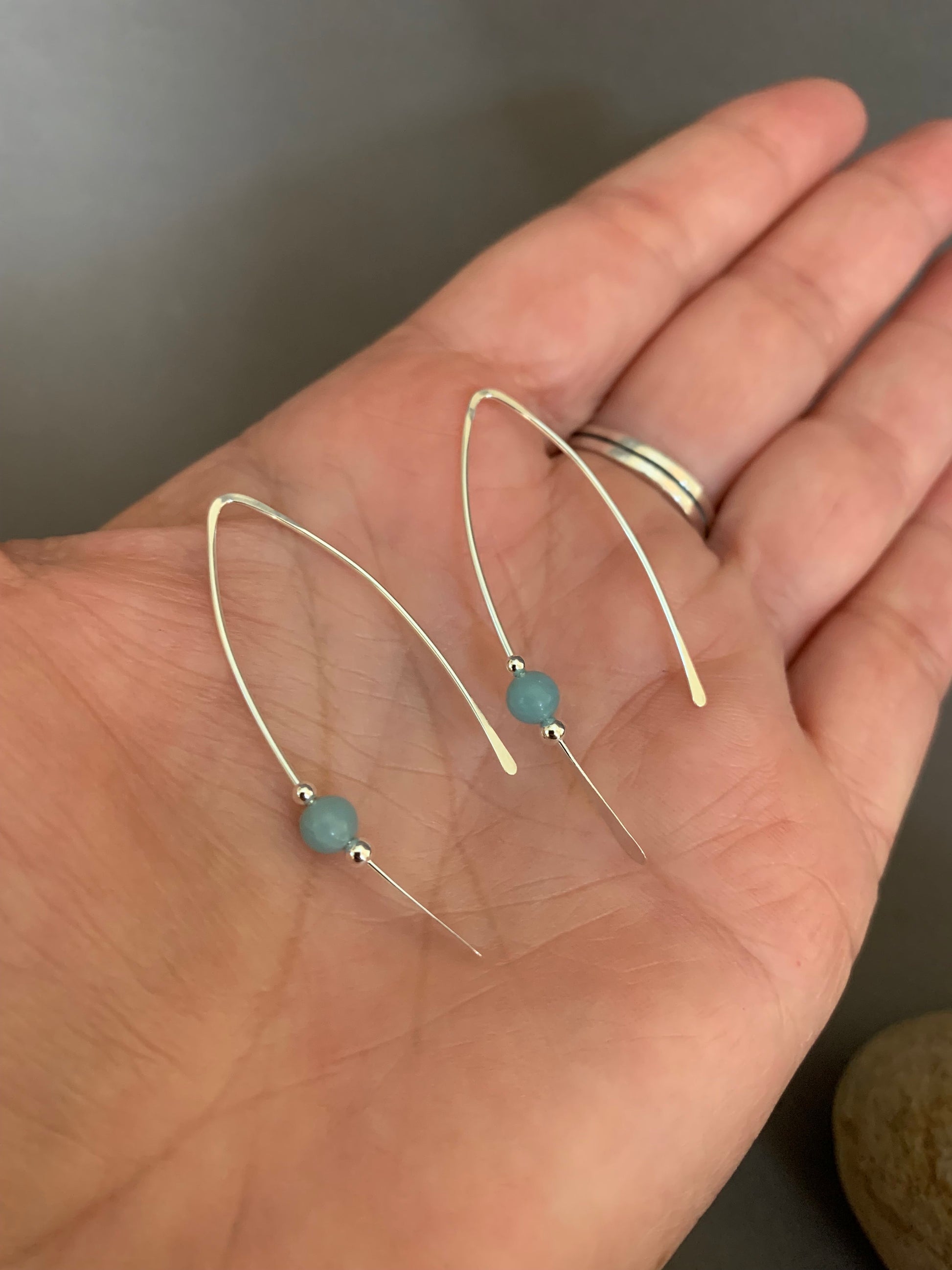 Silver Threader Earrings, Sterling Wishbone Earrings, Light Green Blue Bead, Amazonite Stone, Thin Open Hoops, Medium Hammered Hoop Earrings