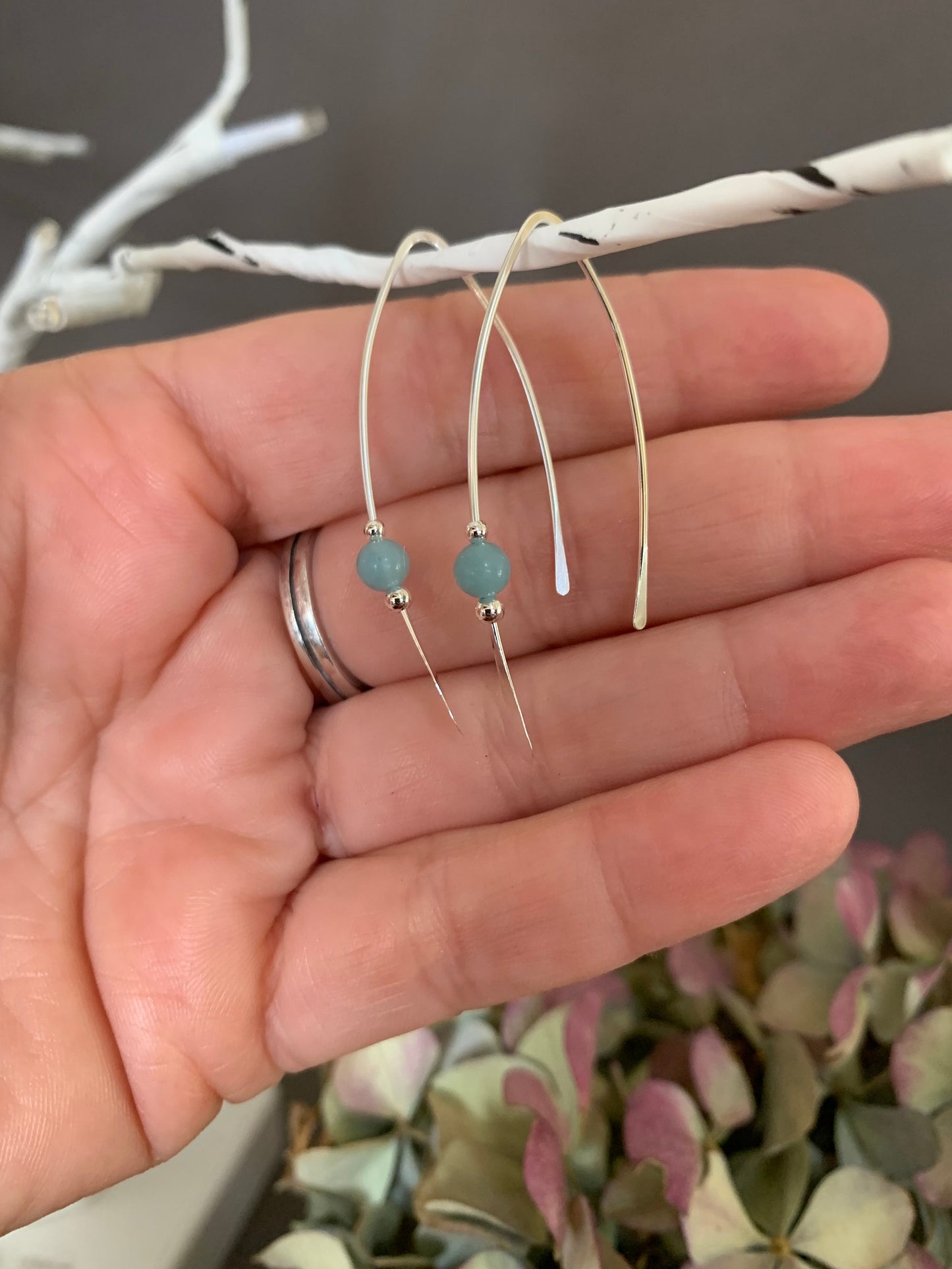 Silver Threader Earrings, Sterling Wishbone Earrings, Light Green Blue Bead, Amazonite Stone, Thin Open Hoops, Medium Hammered Hoop Earrings