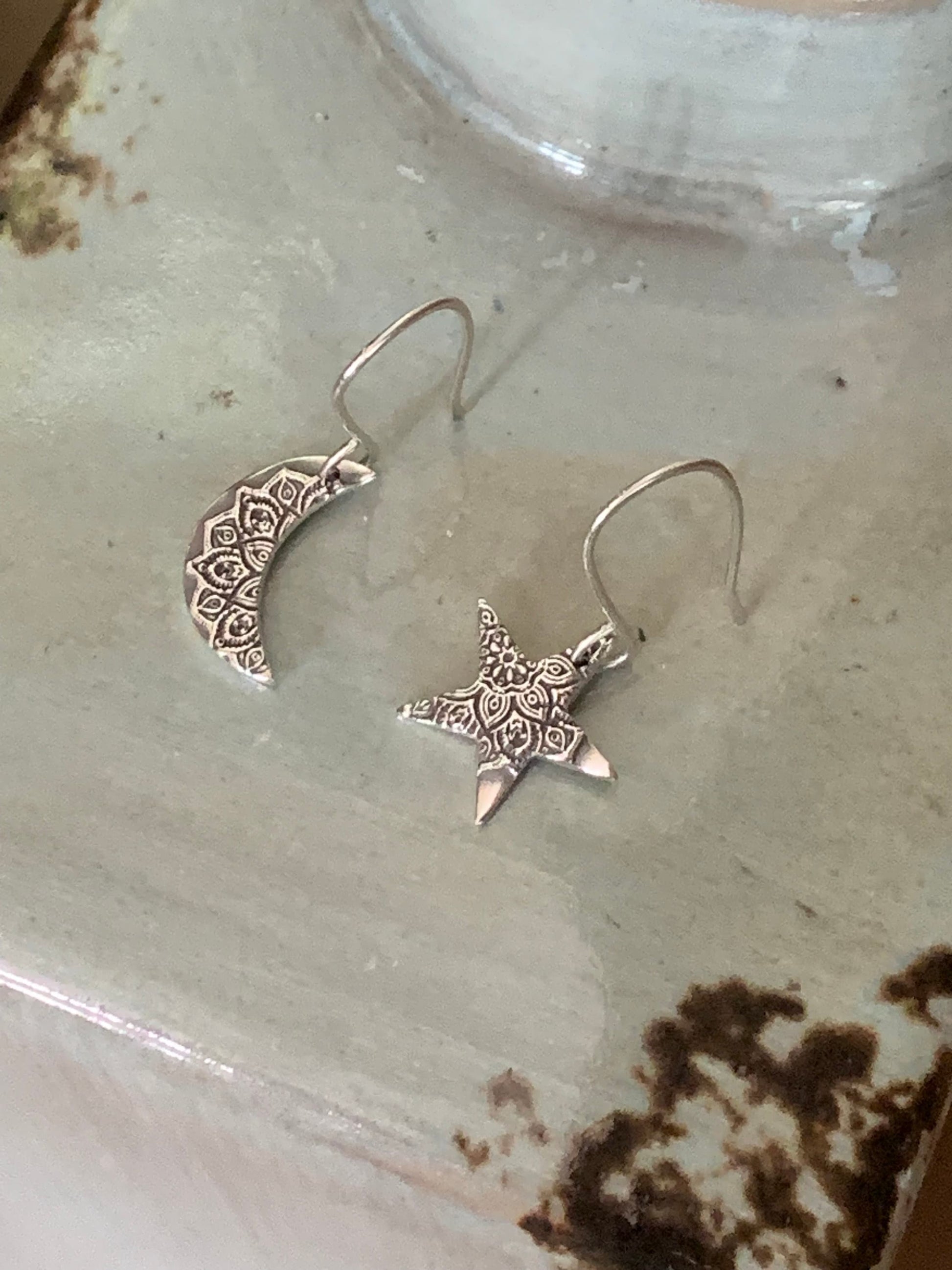 Small Moon and Star Earrings, Celestial Jewelry, Mandala Sterling Silver Moon Earrings, Boho Style