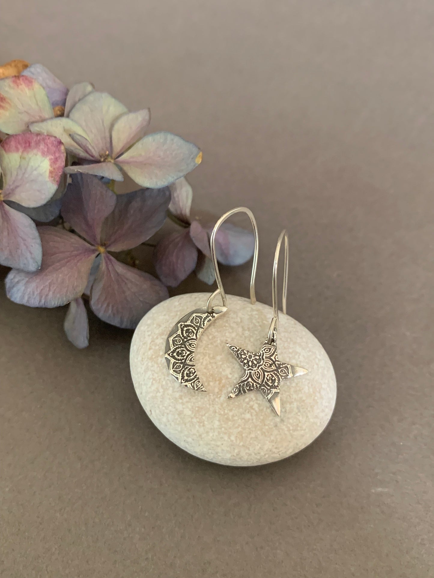 Small Moon and Star Earrings, Celestial Jewelry, Mandala Sterling Silver Moon Earrings, Boho Style