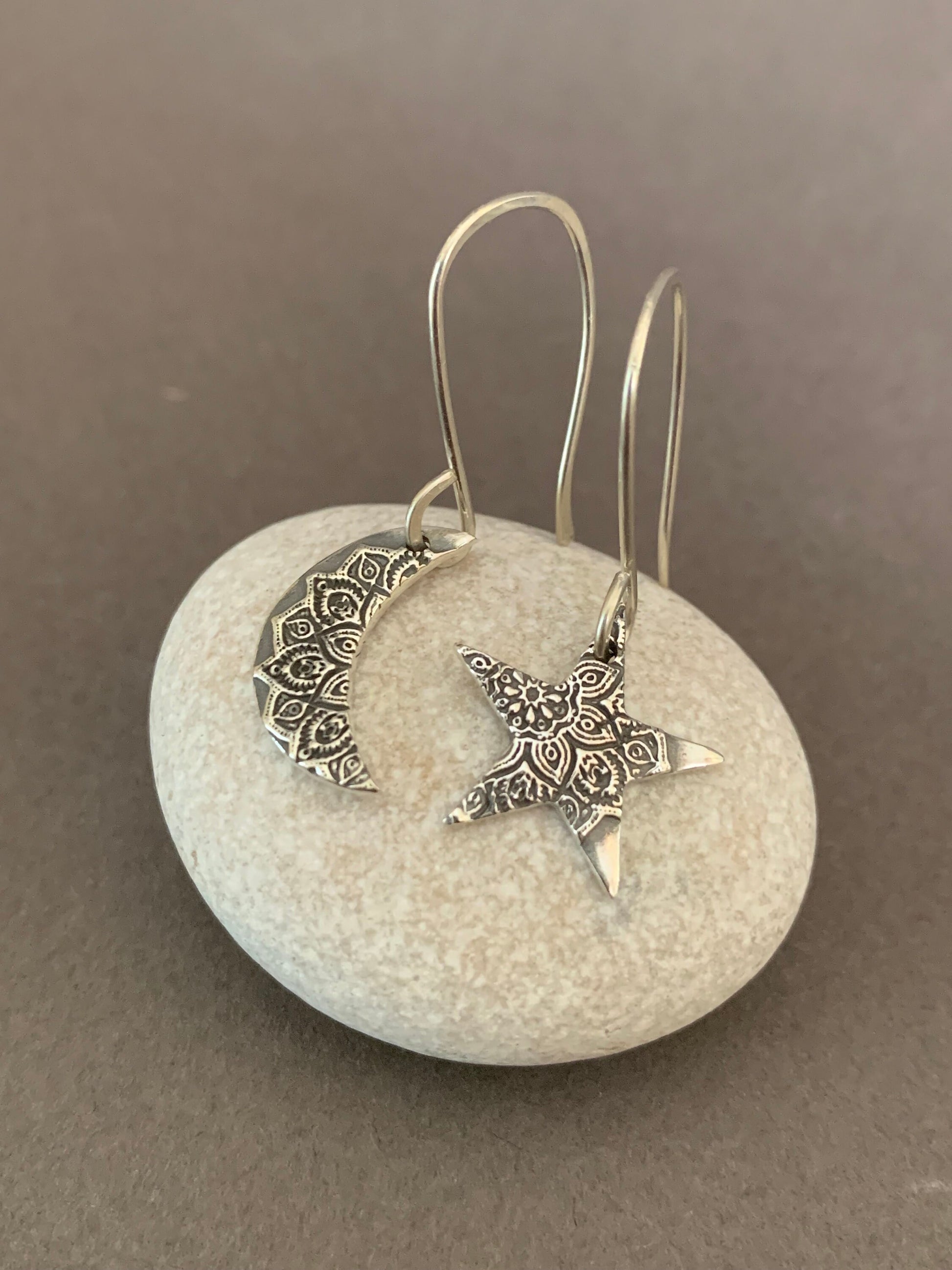 Small Moon and Star Earrings, Celestial Jewelry, Mandala Sterling Silver Moon Earrings, Boho Style