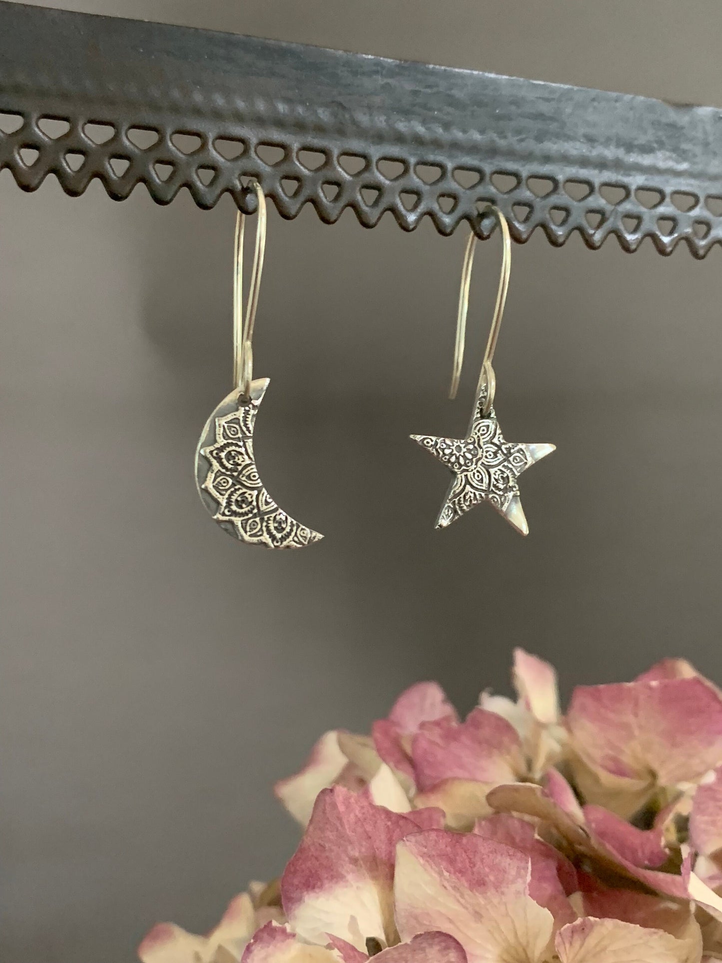 Small Moon and Star Earrings, Celestial Jewelry, Mandala Sterling Silver Moon Earrings, Boho Style