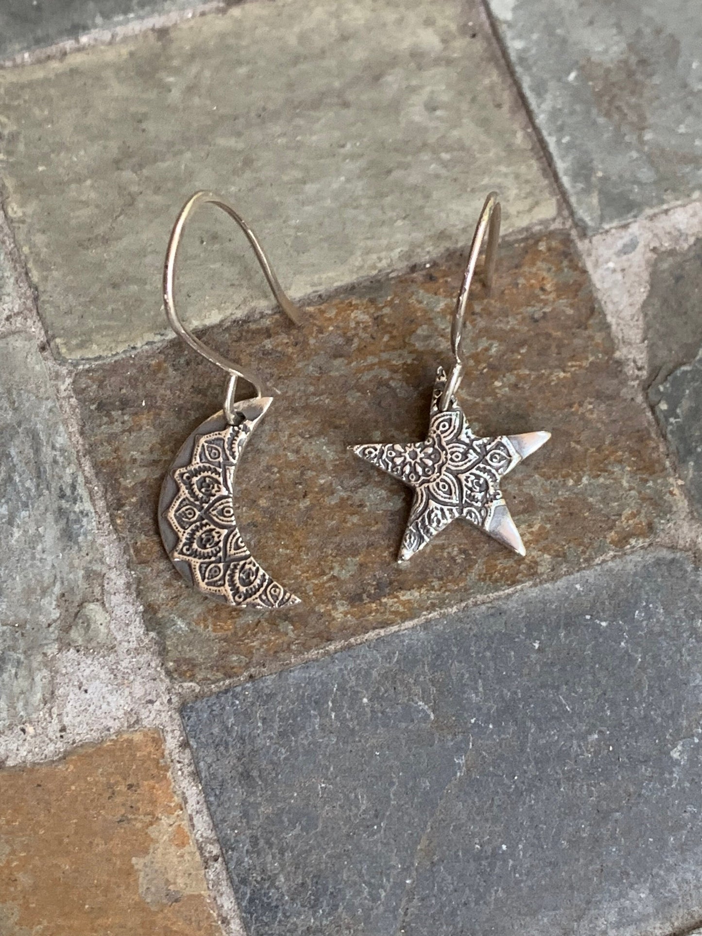 Small Moon and Star Earrings, Celestial Jewelry, Mandala Sterling Silver Moon Earrings, Boho Style