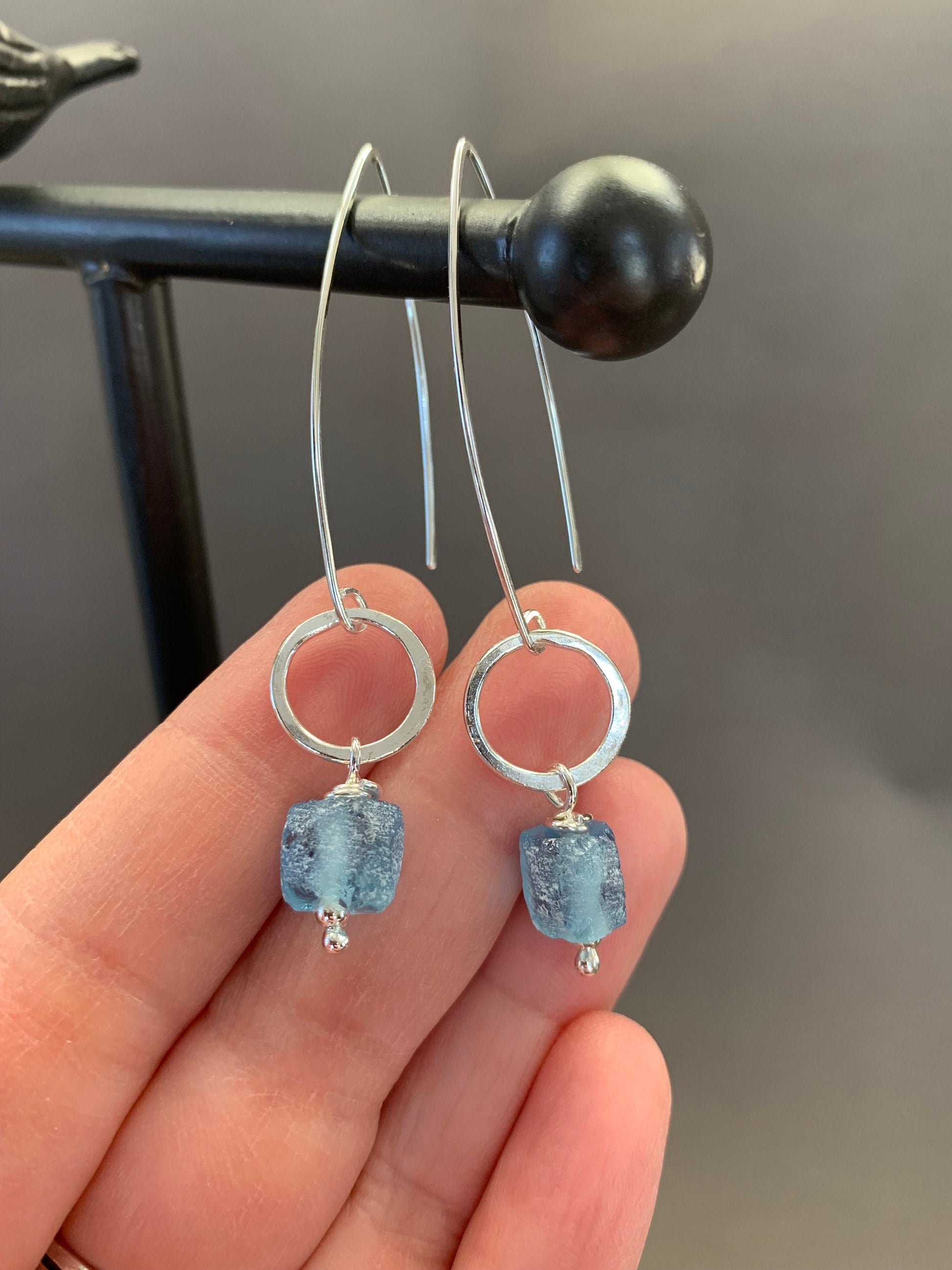 Elegant Sterling Silver Threader Earrings with Silver Hoops and Ocean Blue Glass Beads, Long Dangle Earrings