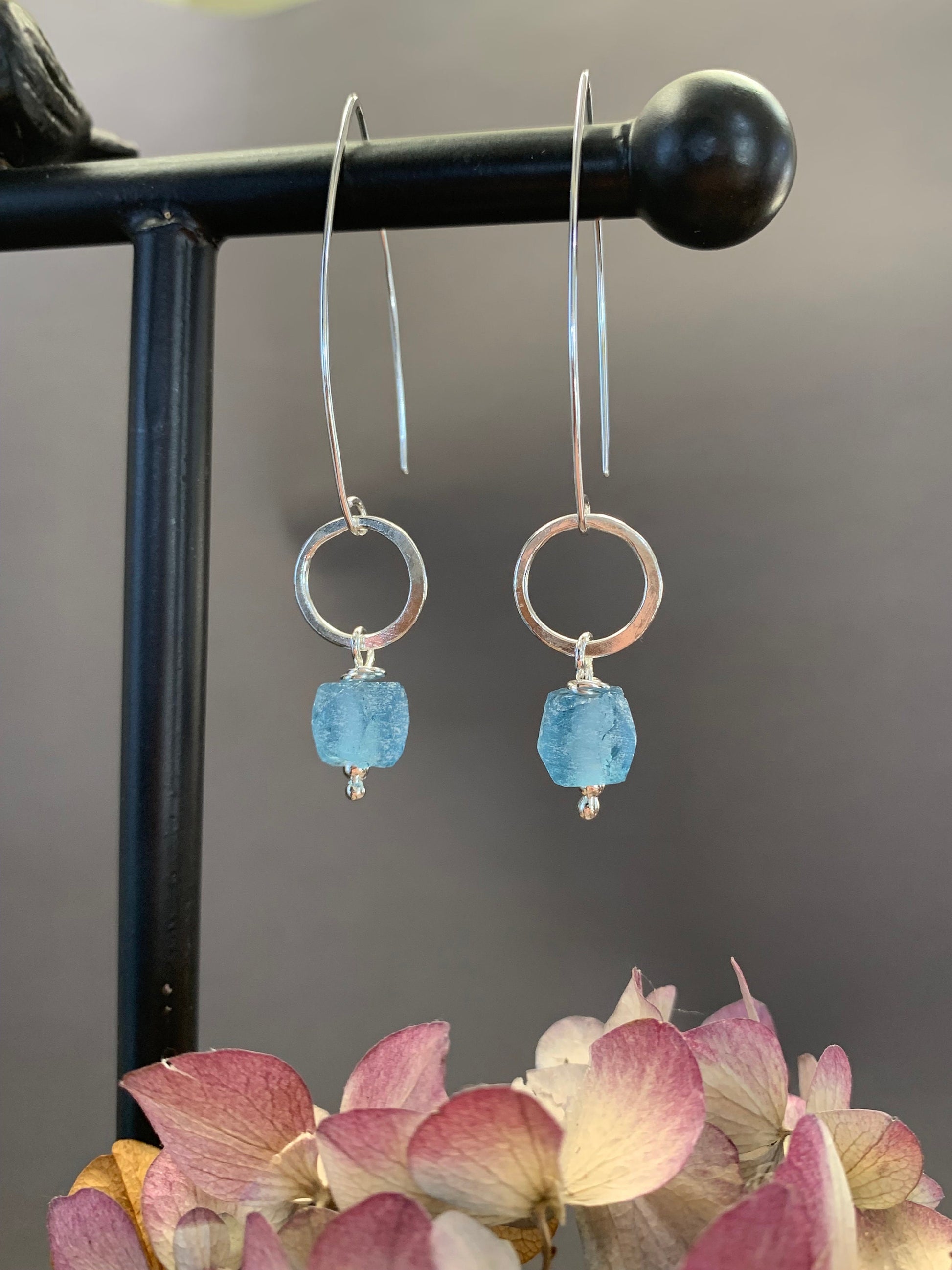 Elegant Sterling Silver Threader Earrings with Silver Hoops and Ocean Blue Glass Beads, Long Dangle Earrings