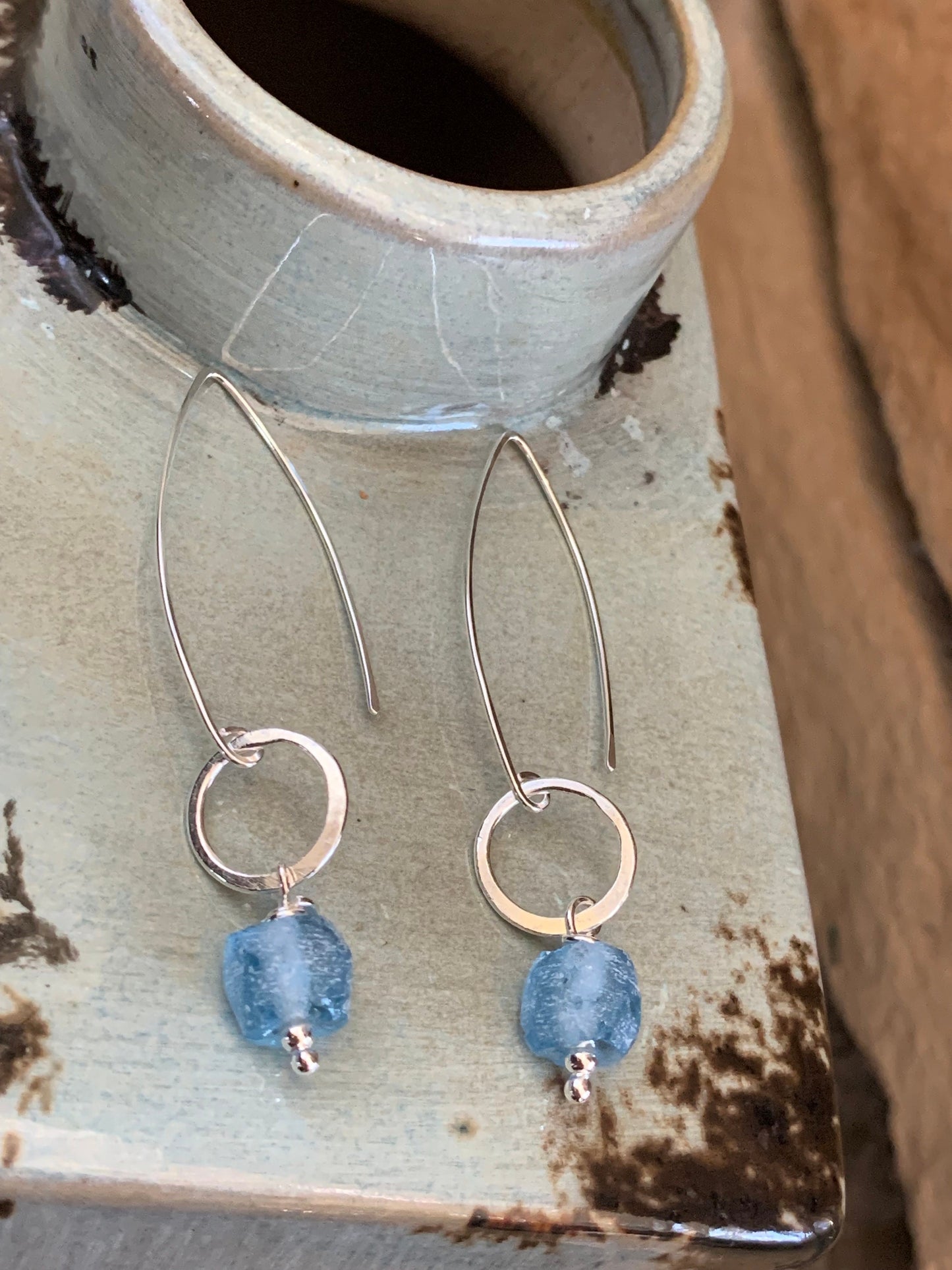 Elegant Sterling Silver Threader Earrings with Silver Hoops and Ocean Blue Glass Beads, Long Dangle Earrings