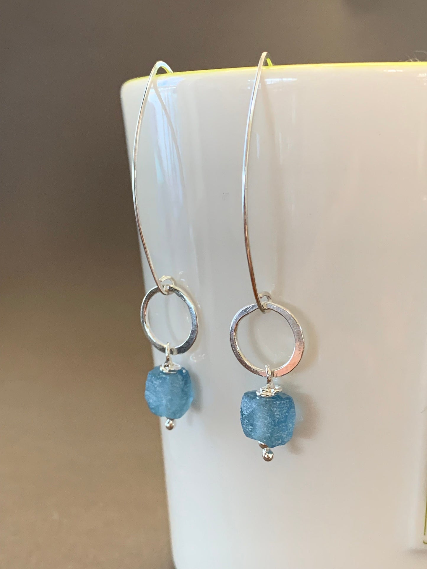 Elegant Sterling Silver Threader Earrings with Silver Hoops and Ocean Blue Glass Beads, Long Dangle Earrings