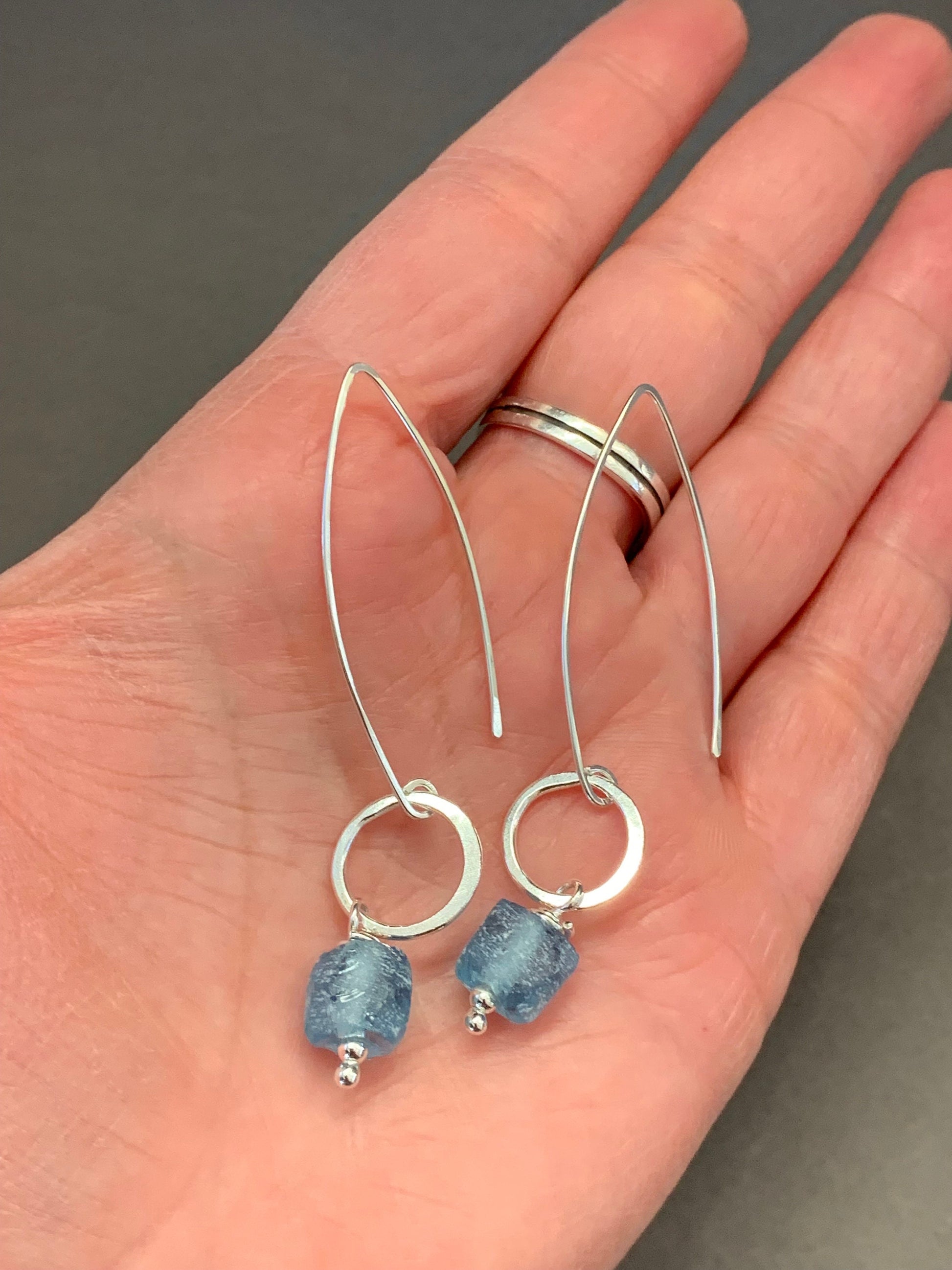 Elegant Sterling Silver Threader Earrings with Silver Hoops and Ocean Blue Glass Beads, Long Dangle Earrings