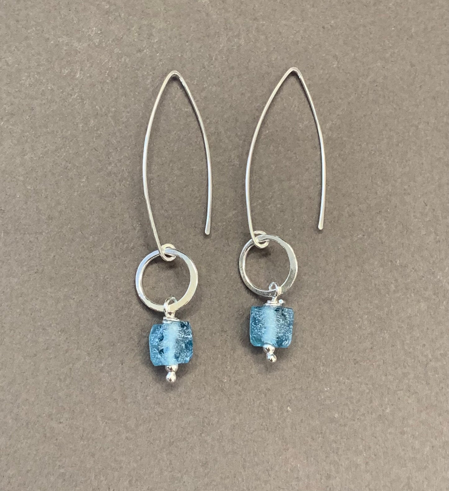 Elegant Sterling Silver Threader Earrings with Silver Hoops and Ocean Blue Glass Beads, Long Dangle Earrings