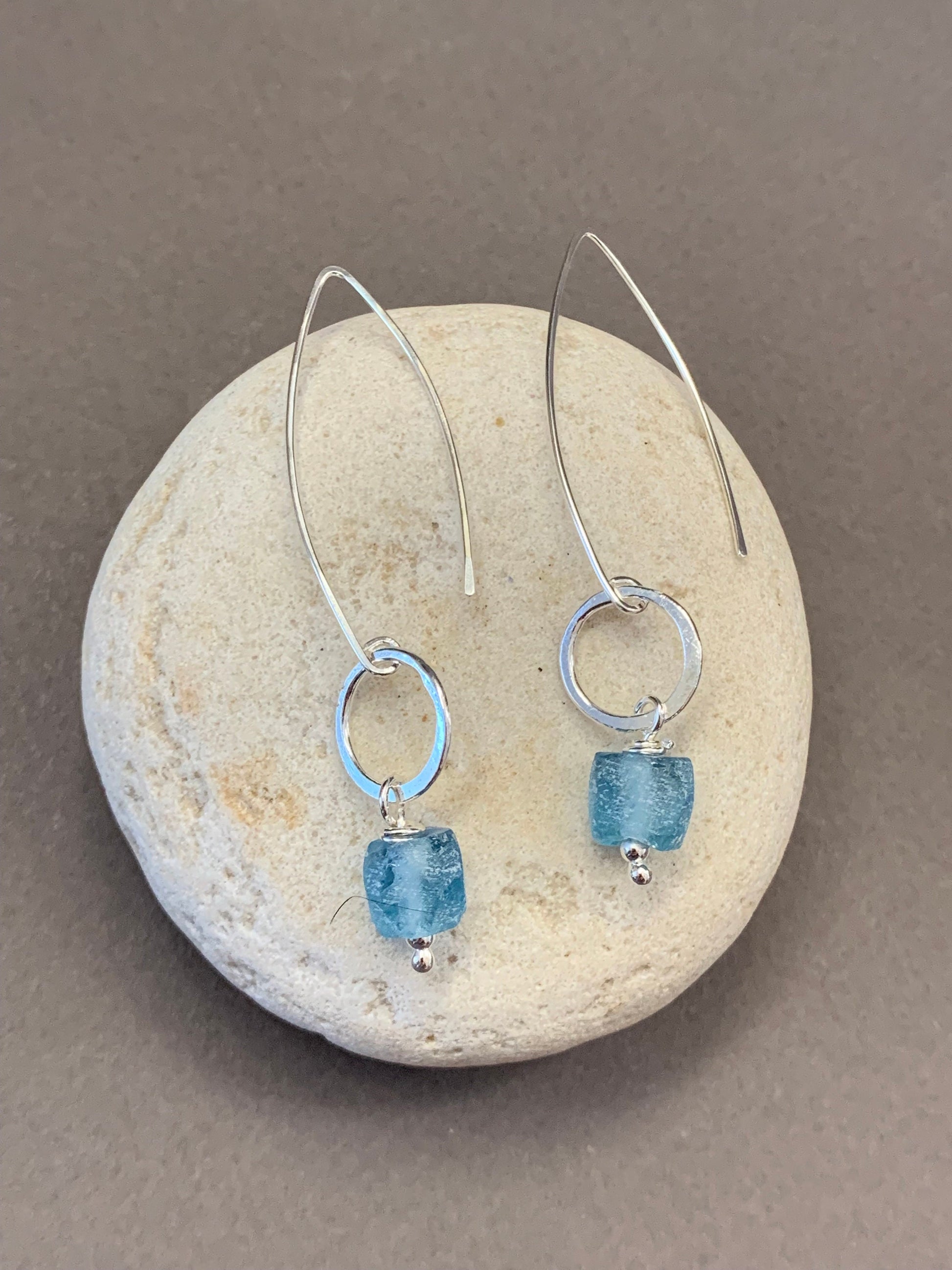 Elegant Sterling Silver Threader Earrings with Silver Hoops and Ocean Blue Glass Beads, Long Dangle Earrings