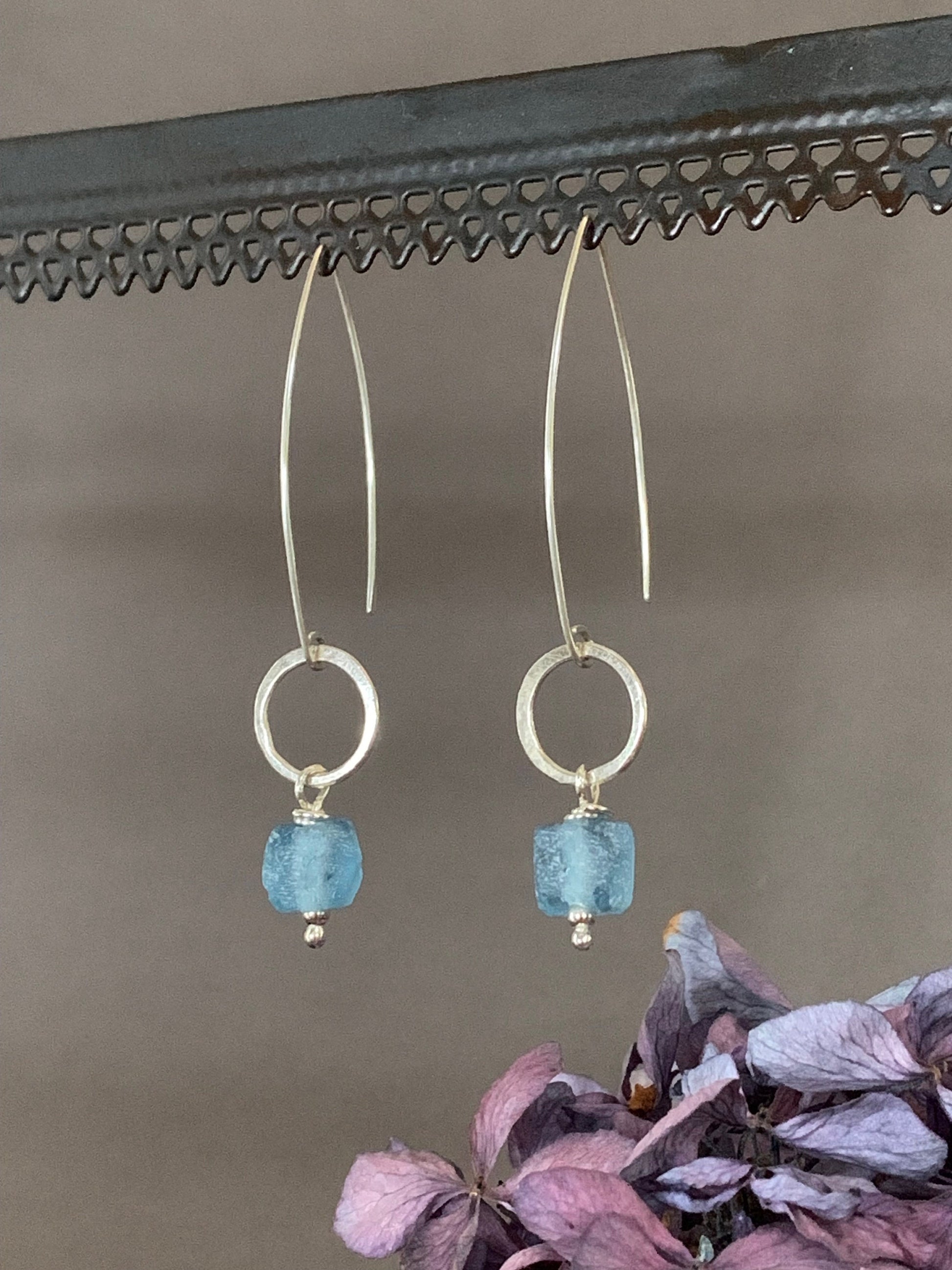 Elegant Sterling Silver Threader Earrings with Silver Hoops and Ocean Blue Glass Beads, Long Dangle Earrings