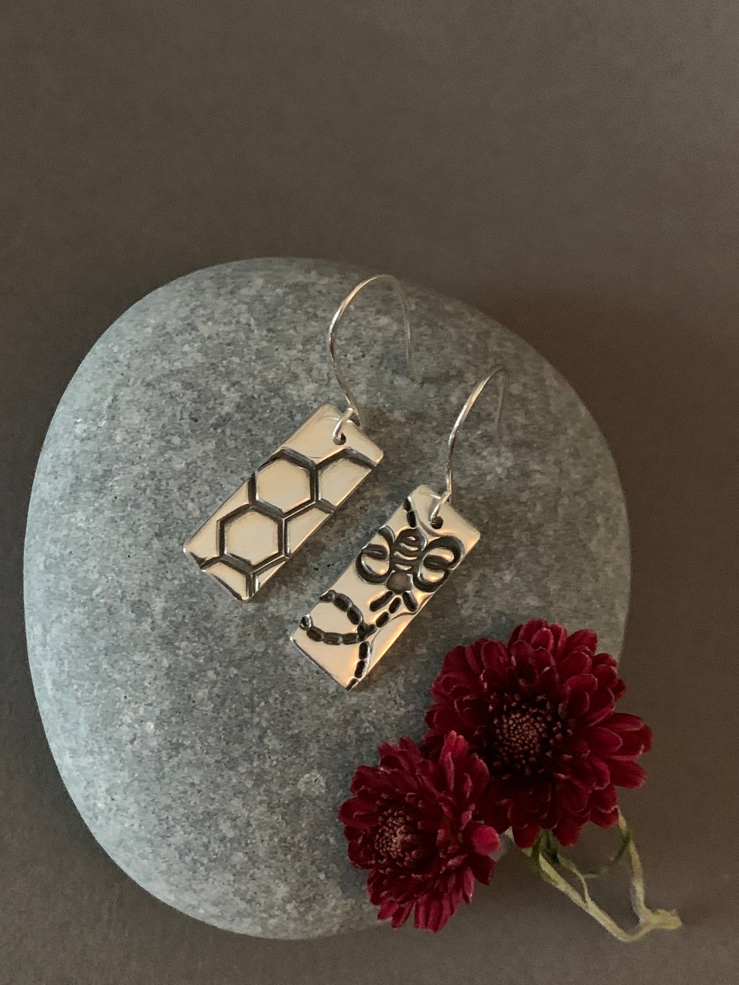 Sterling Silver Bumblebee and Flower Earrings - Be Happy with Mismatched Bee & Honeycomb Jewelry