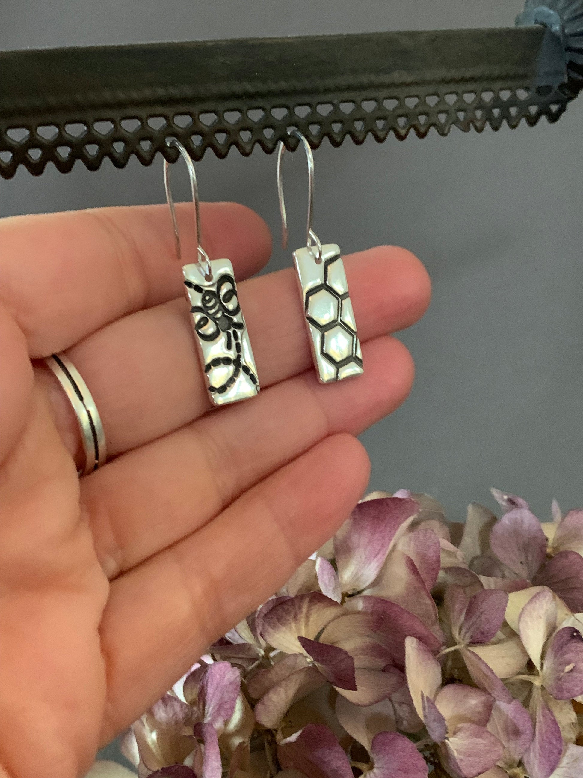 Sterling Silver Bumblebee and Flower Earrings - Be Happy with Mismatched Bee & Honeycomb Jewelry