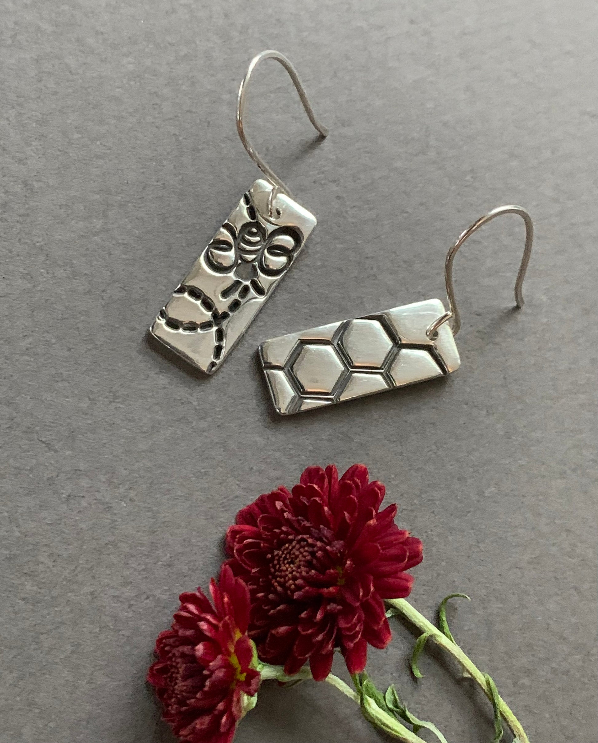 Sterling Silver Bumblebee and Flower Earrings - Be Happy with Mismatched Bee & Honeycomb Jewelry