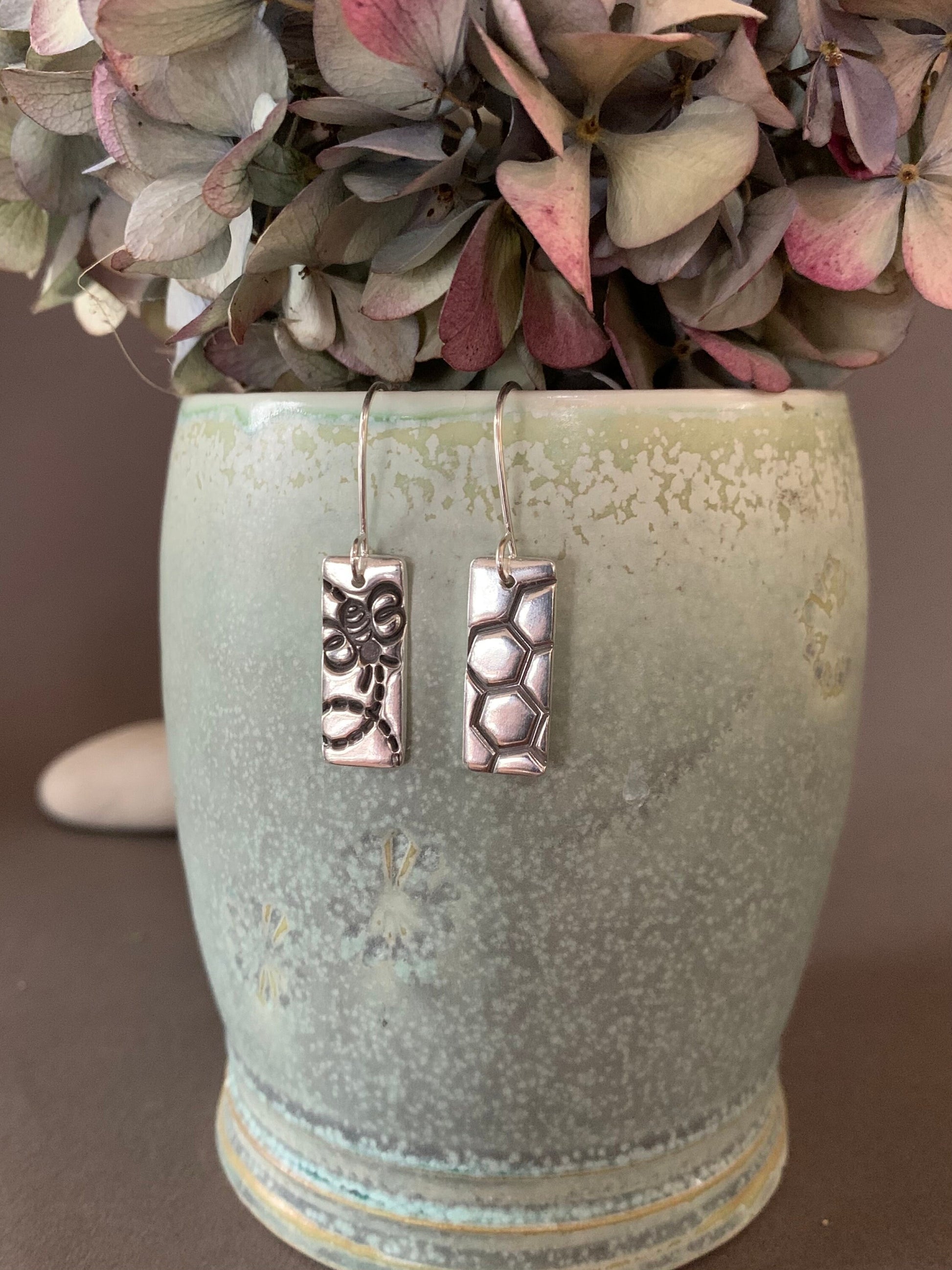 Sterling Silver Bumblebee and Flower Earrings - Be Happy with Mismatched Bee & Honeycomb Jewelry