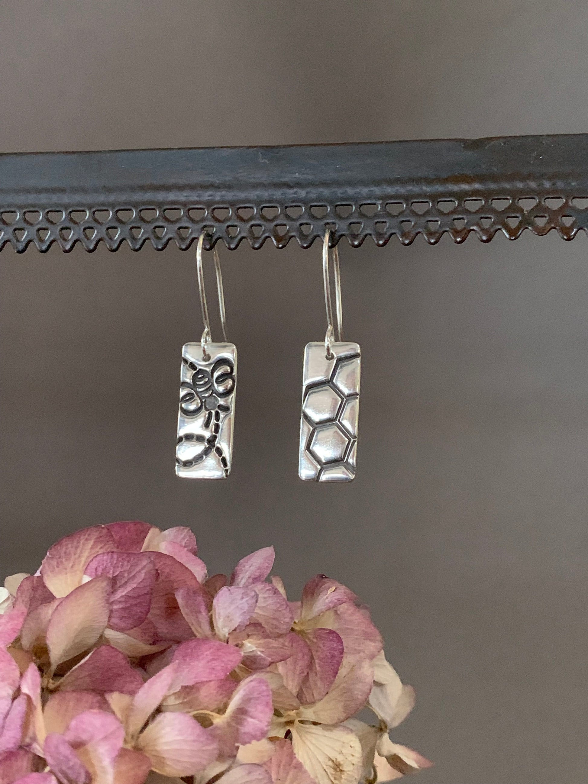 Sterling Silver Bumblebee and Flower Earrings - Be Happy with Mismatched Bee & Honeycomb Jewelry