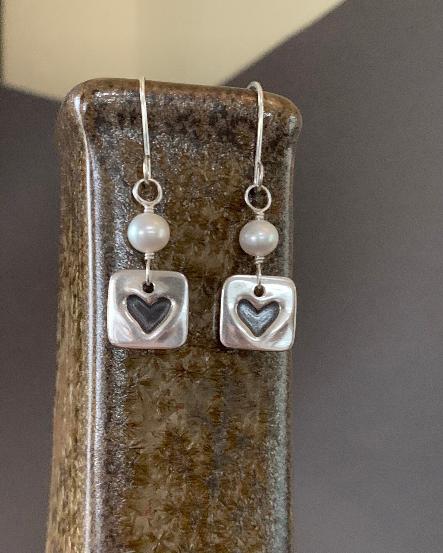 White Pearl Earrings, Square Sterling Silver and Fresh Water Pearl Dangle Earrings, Heart Earrings, Bridesmaid Gift, Bride, Wedding Gift