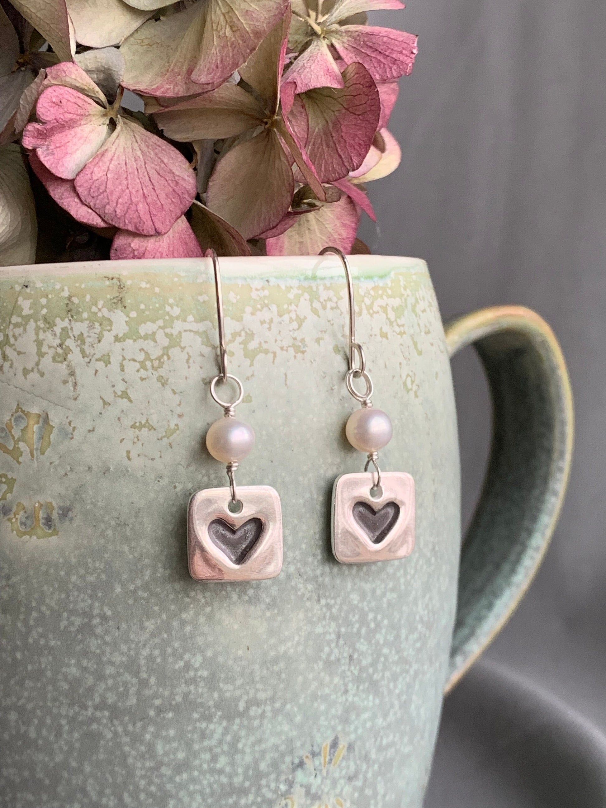 White Pearl Earrings, Square Sterling Silver and Fresh Water Pearl Dangle Earrings, Heart Earrings, Bridesmaid Gift, Bride, Wedding Gift