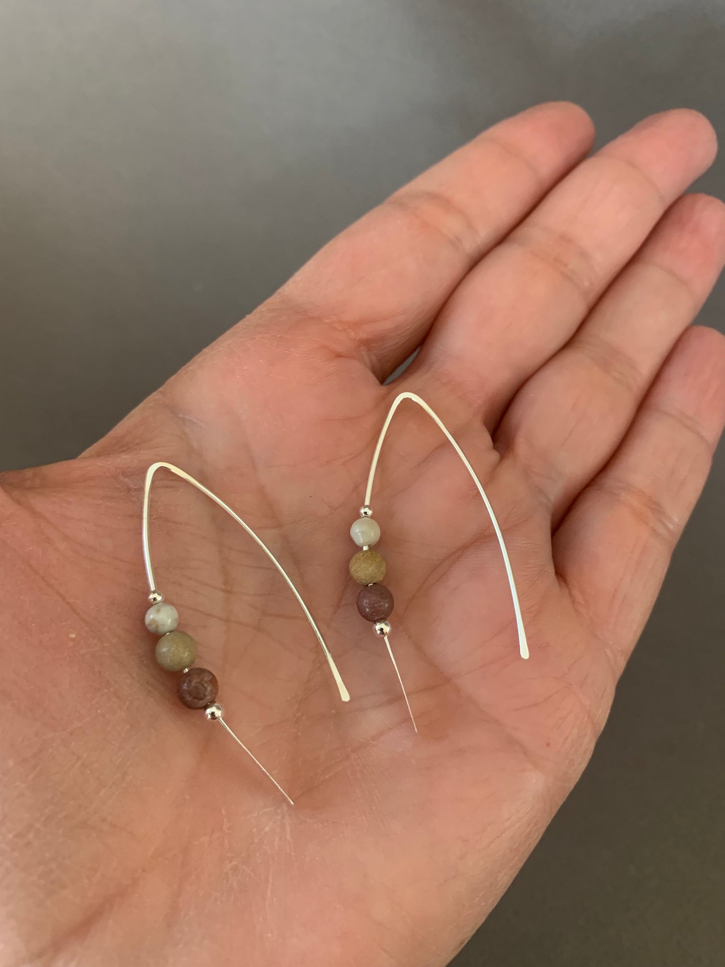 Jasper Stone Sterling Silver Threader Earrings: Earthy Elegance in Shades of Cream and Terra Cotta, Thin Open Silver Hoops