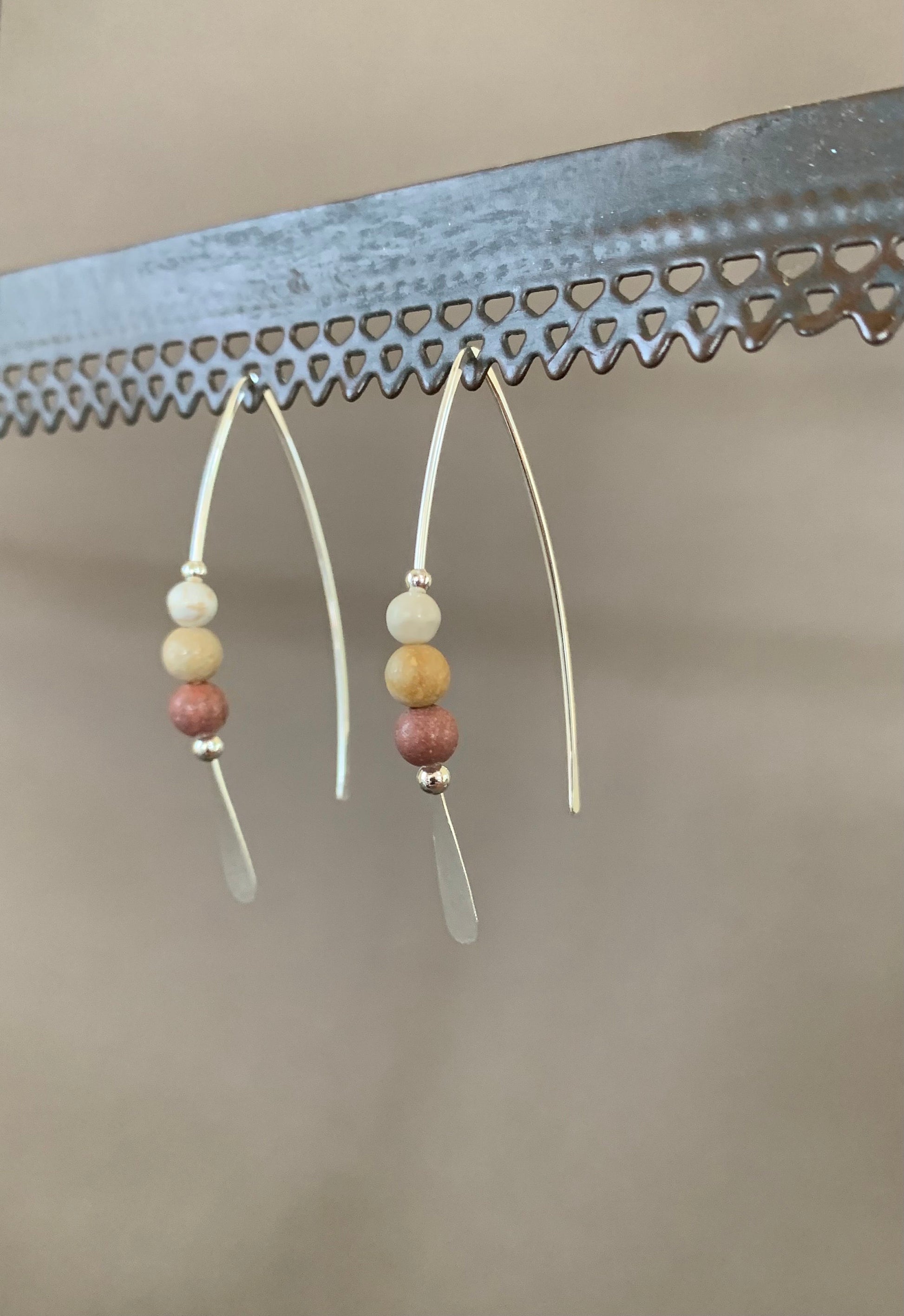 Jasper Stone Sterling Silver Threader Earrings: Earthy Elegance in Shades of Cream and Terra Cotta, Thin Open Silver Hoops